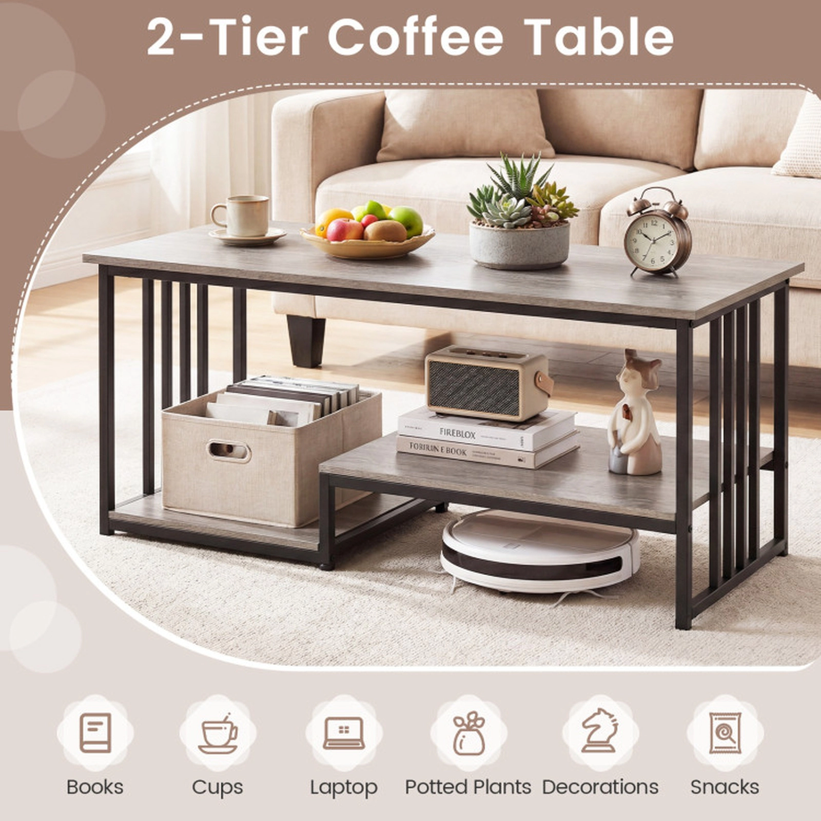 SUGIFT 43.5-in 2-Tier 110-lb Capacity Oak Rustic Wood Grain Coffee Table with Open Shelf and Metal Frame