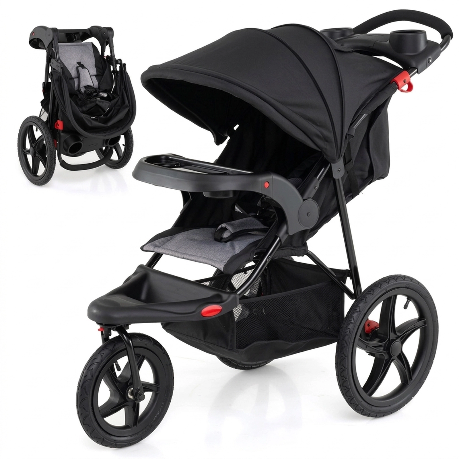 SUGIFT Black 33-lb Capacity 15.5-in Air-Filled Tire Foldable Jogging Stroller with Detachable Trays