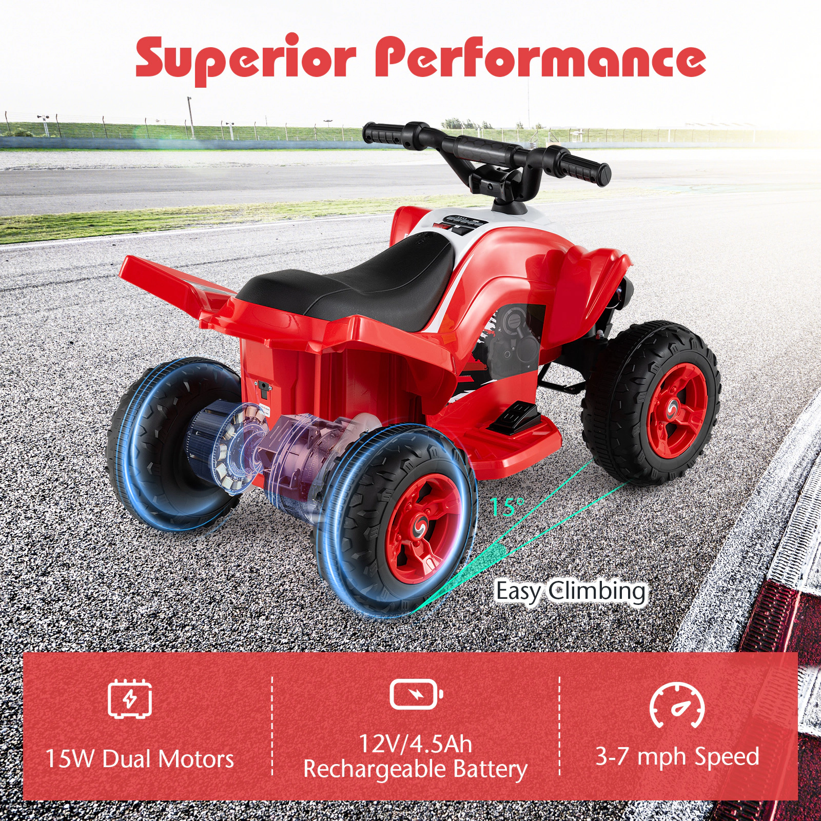 SUGIFT 12V 4-Wheeler Kids Ride On ATV Quad 3-7 mph 66-lb Capacity Ages 3+ with LED Lights 33.1-in Long Red