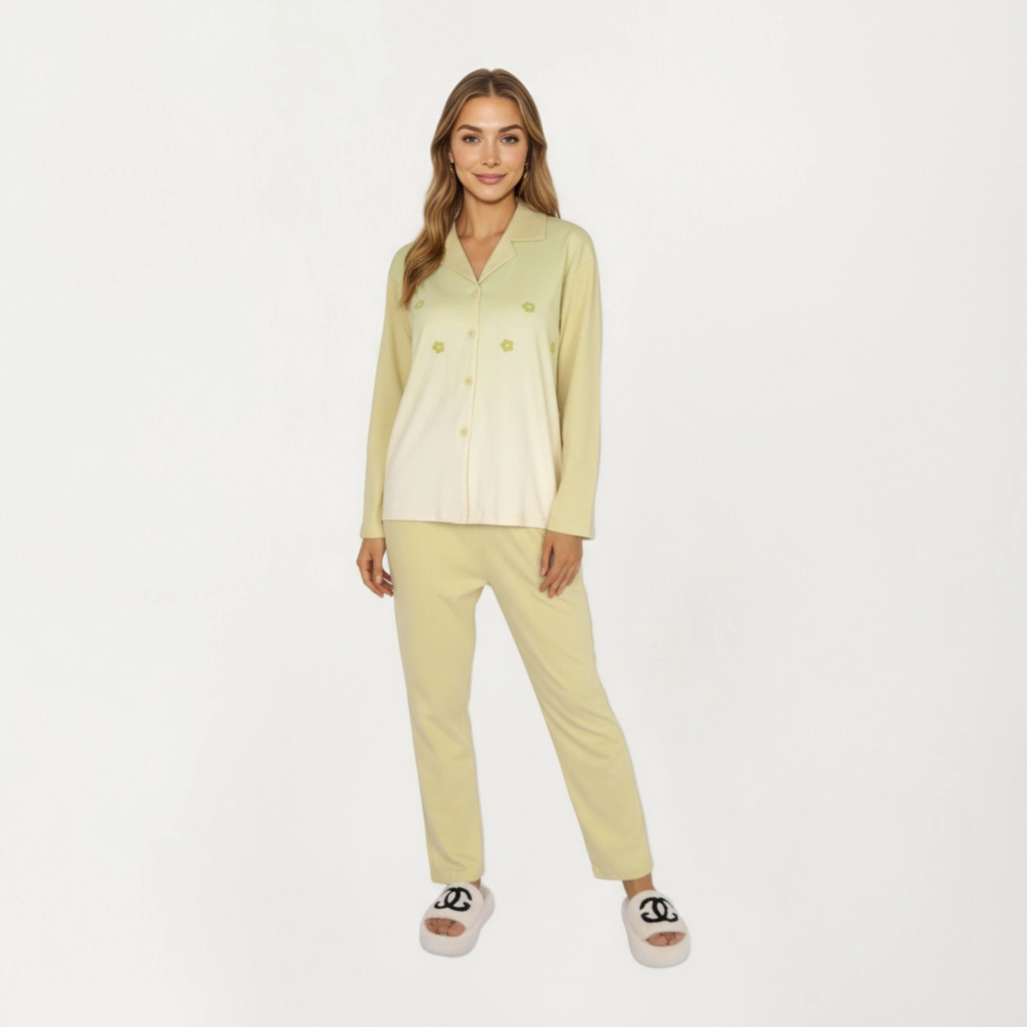 Anna-Kaci Women's 2-Piece Long Sleeve Button Front Top and Relaxed Fit Pants Pajama Set with Minimalist Floral Detail