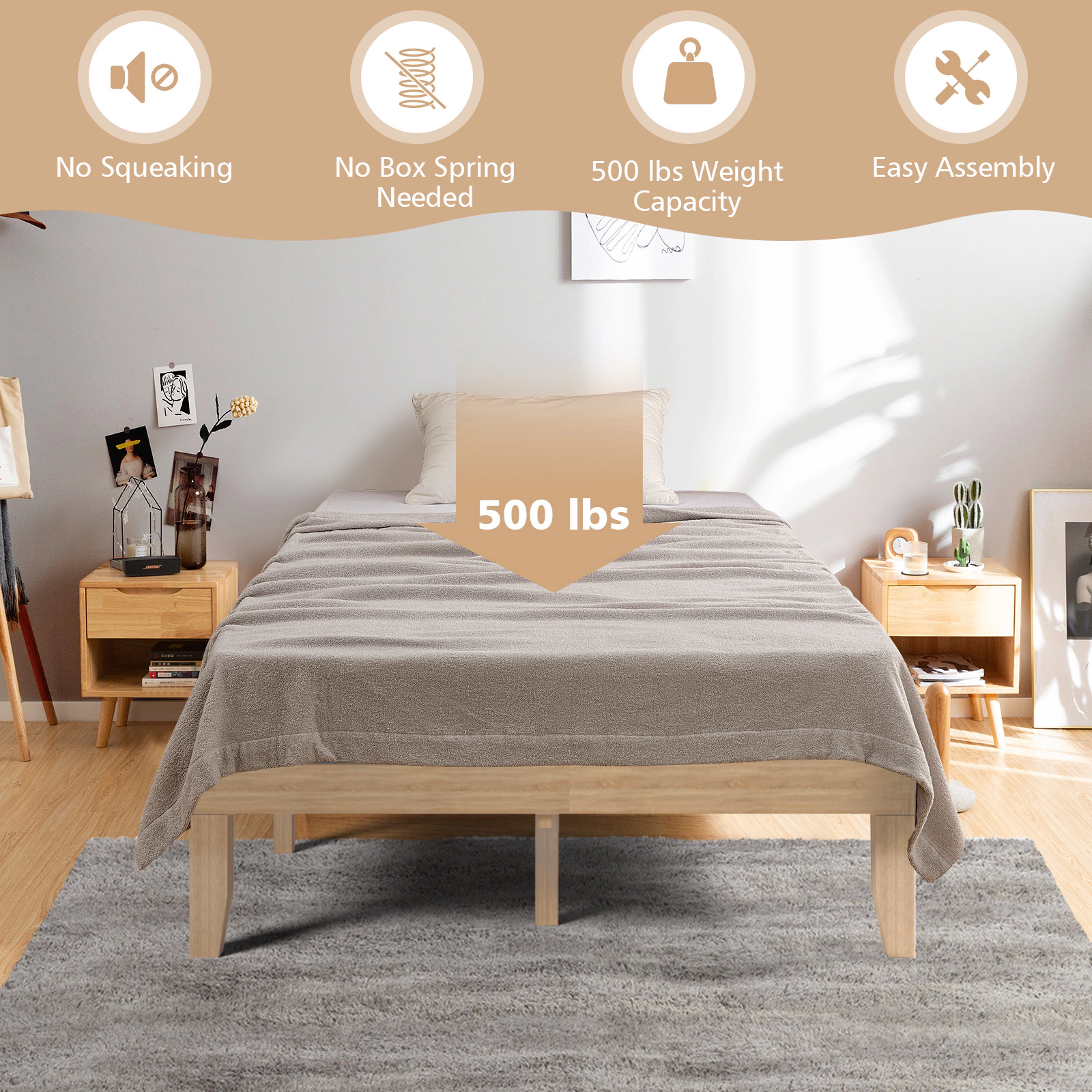 SUGIFT 14-in Full Size Wood Platform Bed Frame Wood Slat Support 500-lb Capacity 74.5-in Long Rubber Wood Poplar Wood