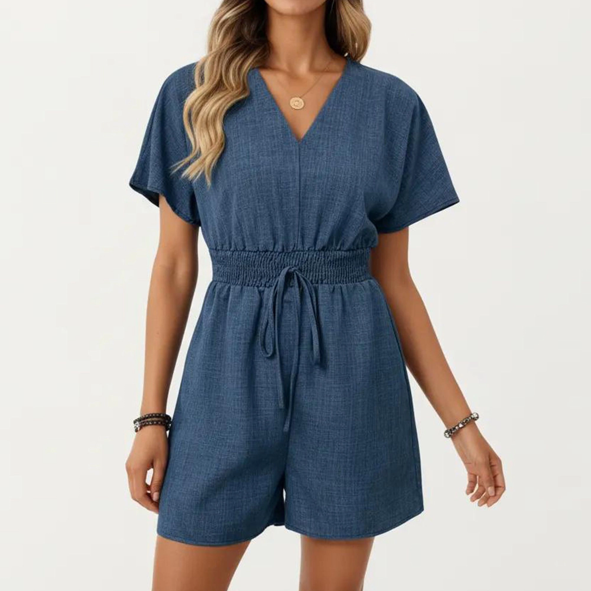 Anna-Kaci Womens Short Sleeve V-Neck Smocked Waist Romper
