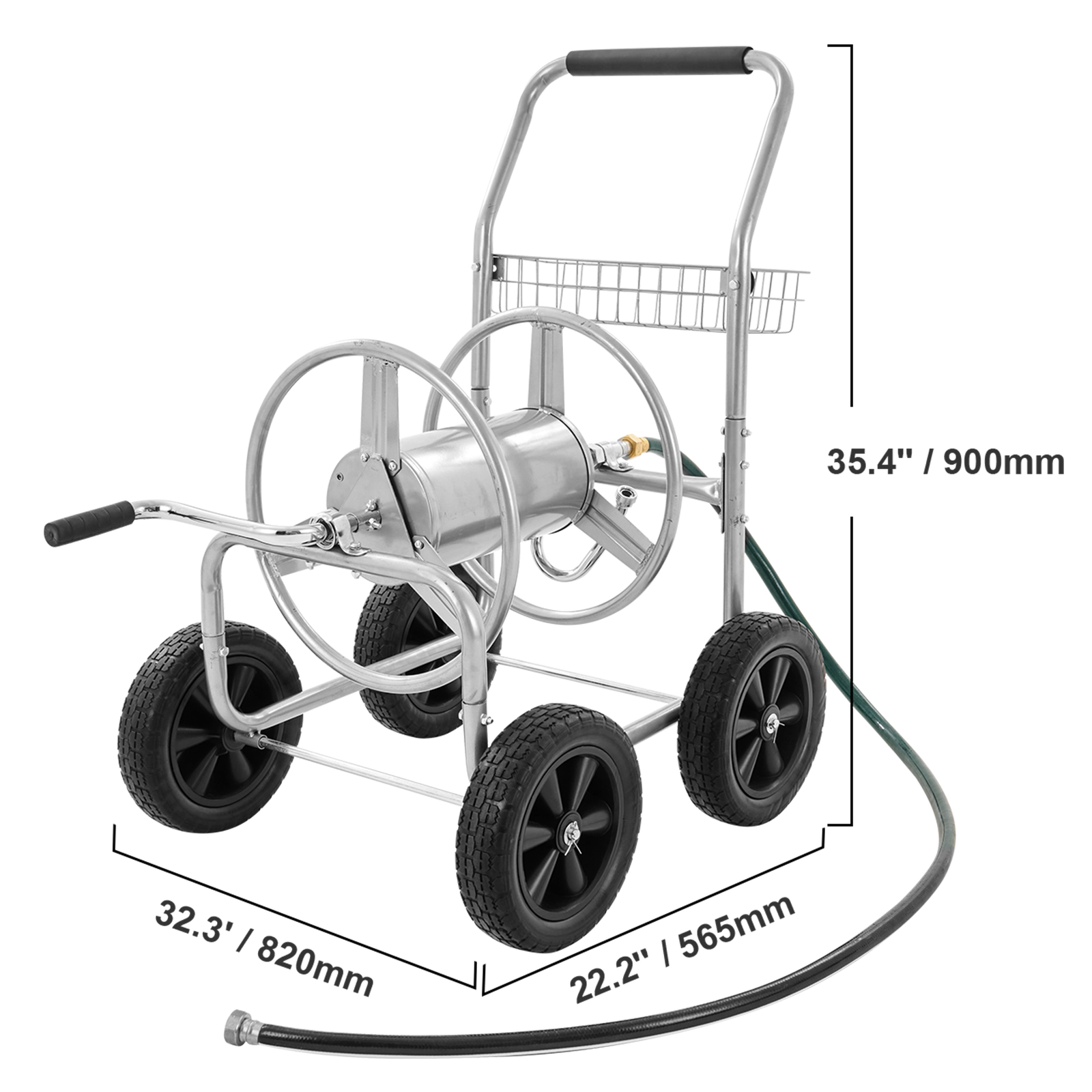 HONGGE Garden Hose Reel Cart, Holds Up to 250 ft of 5/8 in Hose, 4-Wheel Steel Cart with Storage Basket