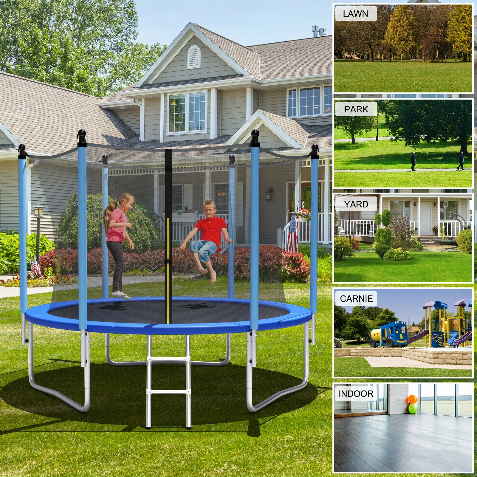 SUGIFT Blue 6 FT Safety Enclosure Net and Ladder 15 FT Outdoor Kids Trampoline