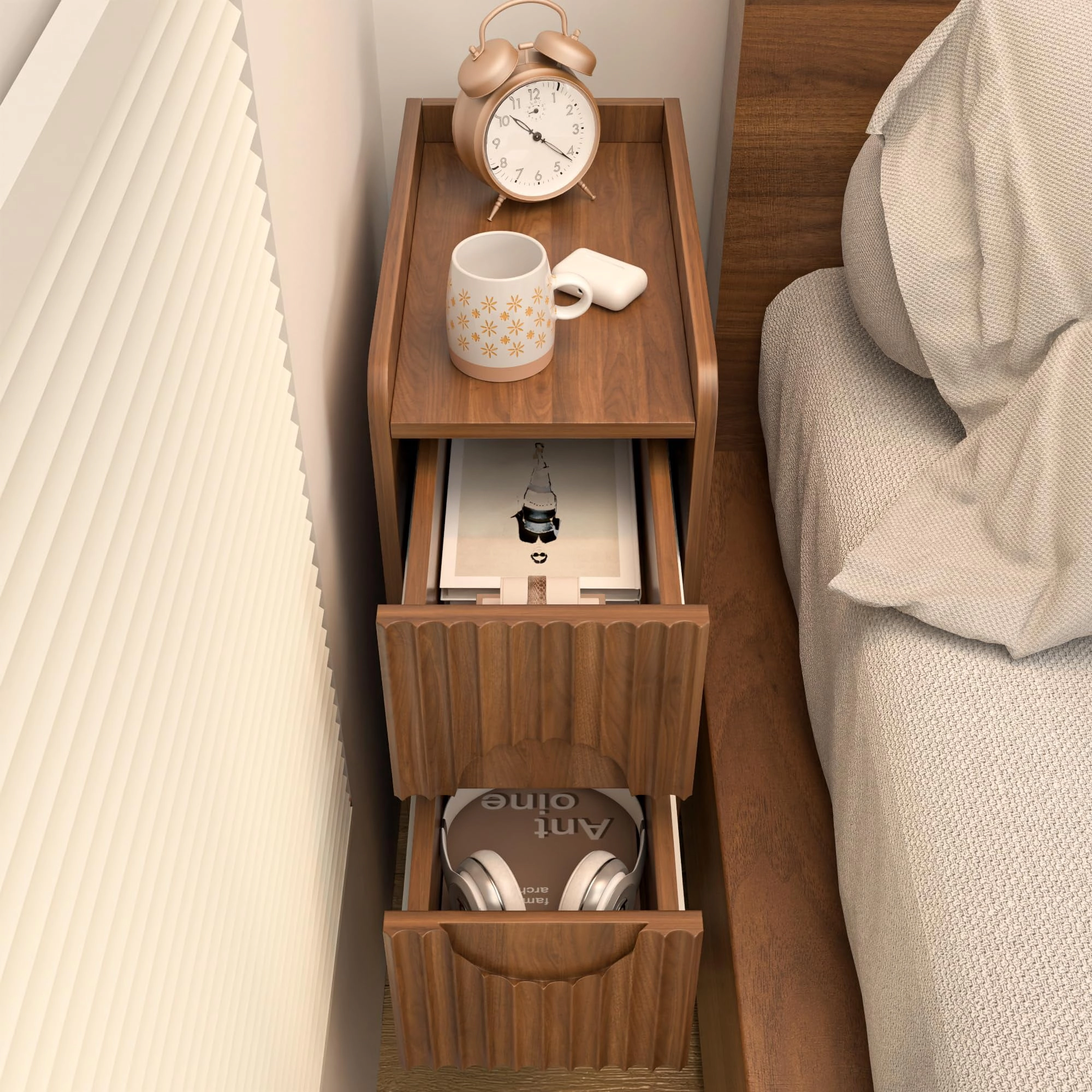 BebreezChic Narrow Nightstand with Charging Station, Slim Bedside Table with Drawer and Open Shelf, Fluted End Table