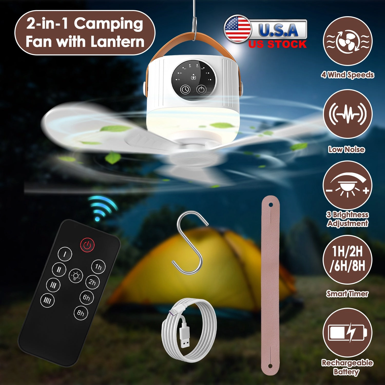GBruno 2-in-1 Rechargeable Tent Ceiling Fan With Light