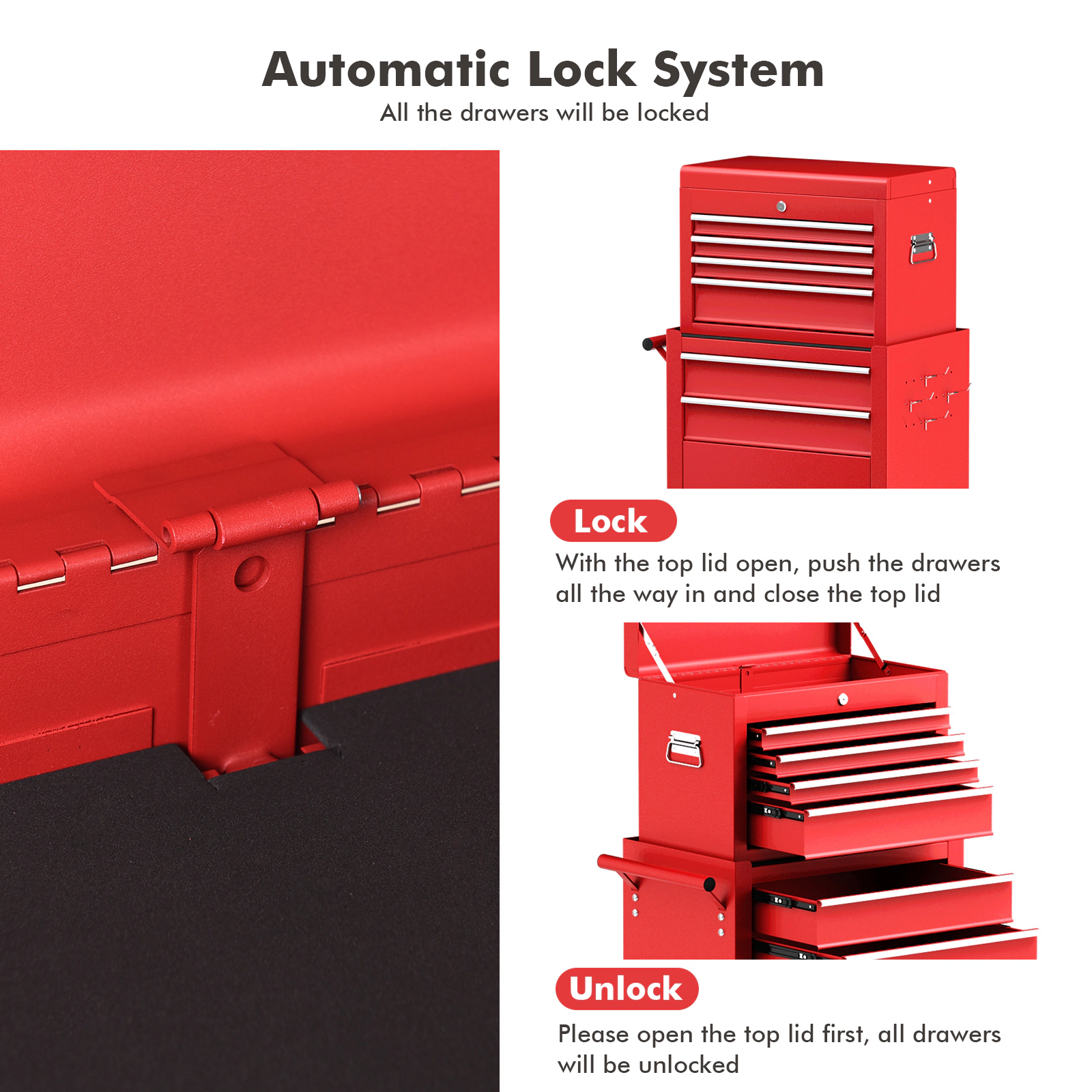 SUGIFT Rolling Tool Chest and Cabinet Combo with Lockable EVA-Lined Drawers 4 Hooks and Side Handle