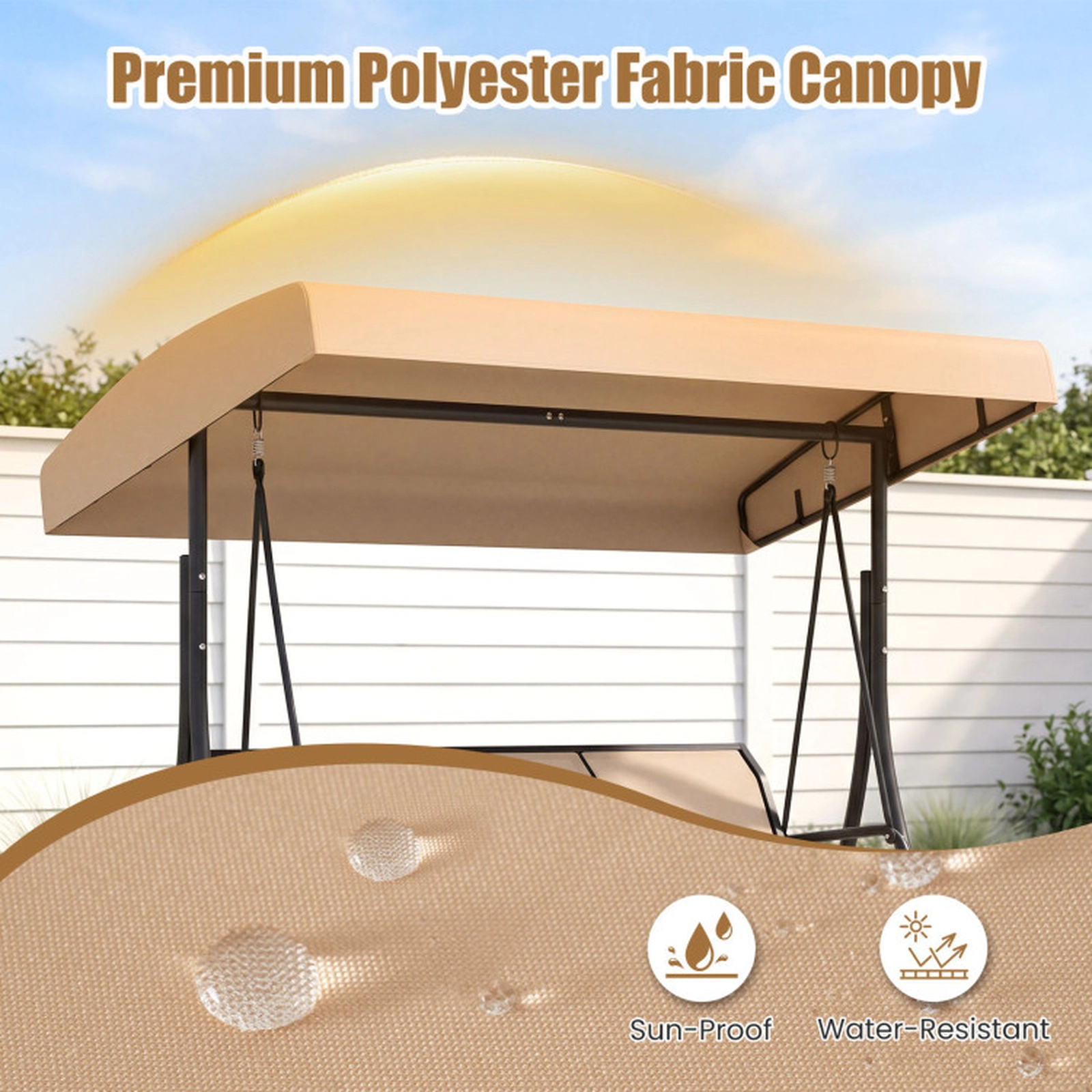 SUGIFT 3-Seat Patio Swing Chair with Adjustable Canopy 800-lb Capacity 75-in Frame 57 x 18 x 21 in Seat Beige and Black