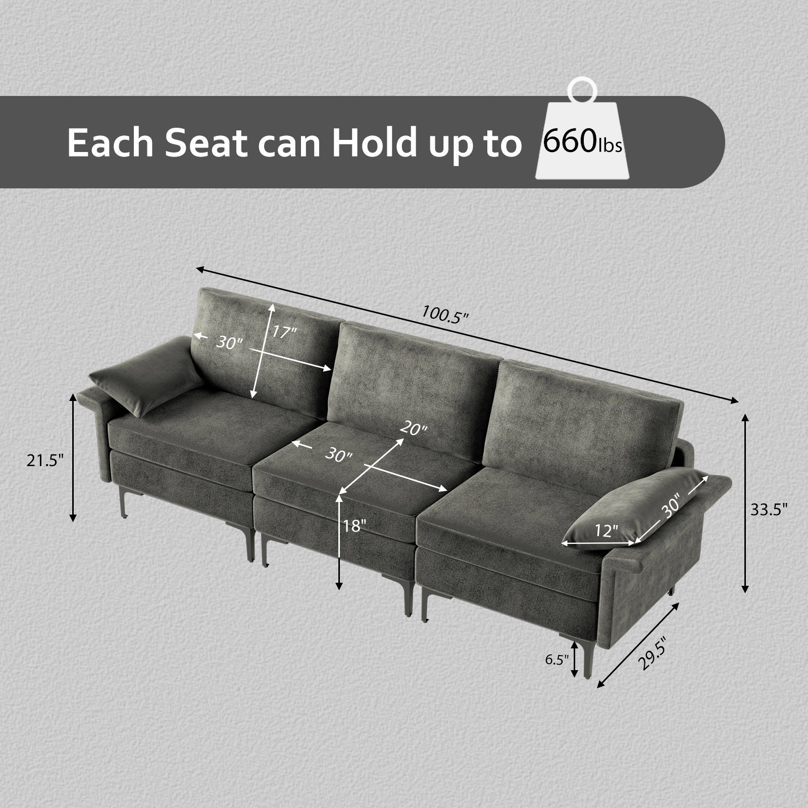 SUGIFT 100.5 in Sectional Sofa Gray Linen 3-Seat Couch with Metal Legs and 2 USB Ports