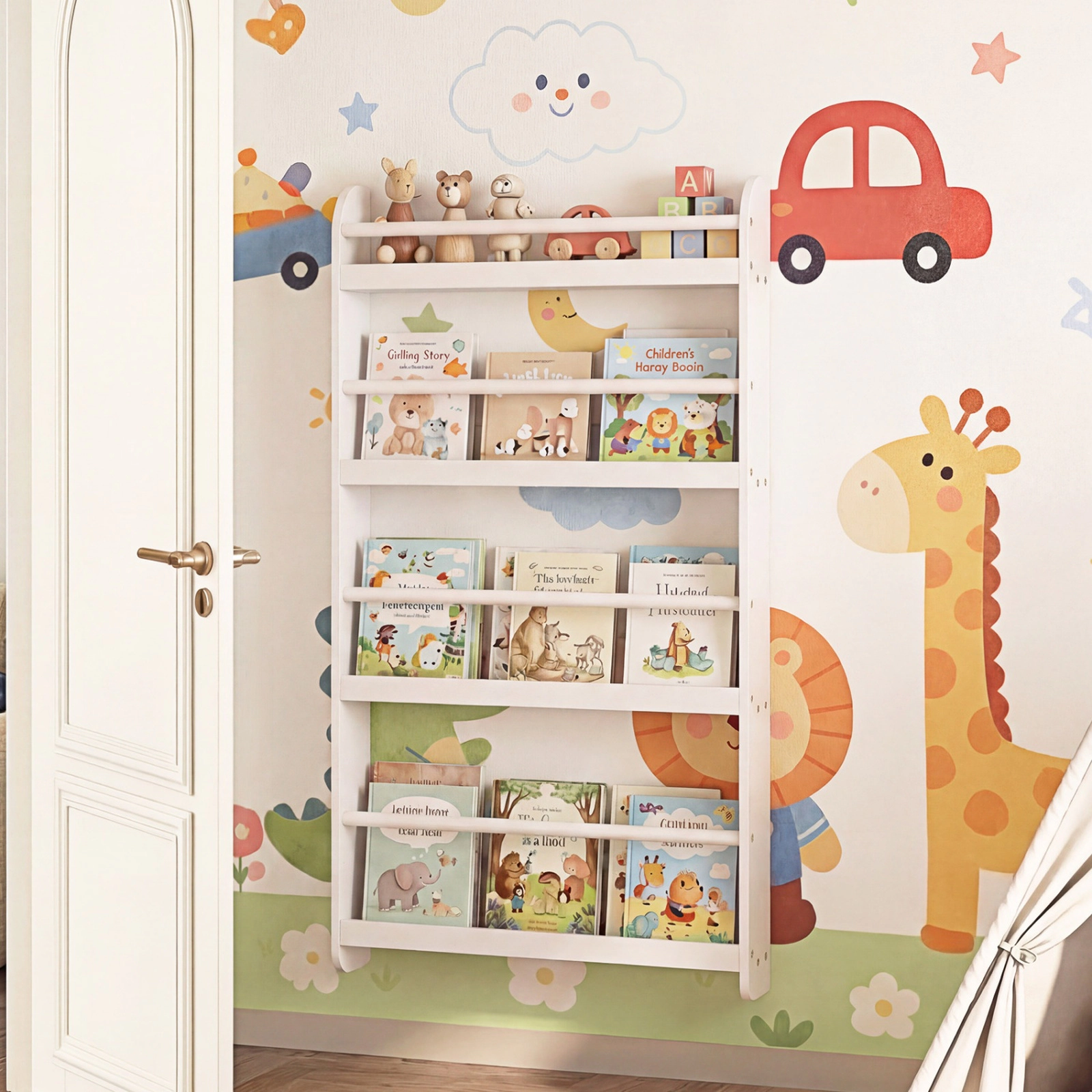 SUGIFT 4-Tier Wall Bookshelf Organizer for Toys and Books 33-lb Per Layer Ages 3+ White/Pink