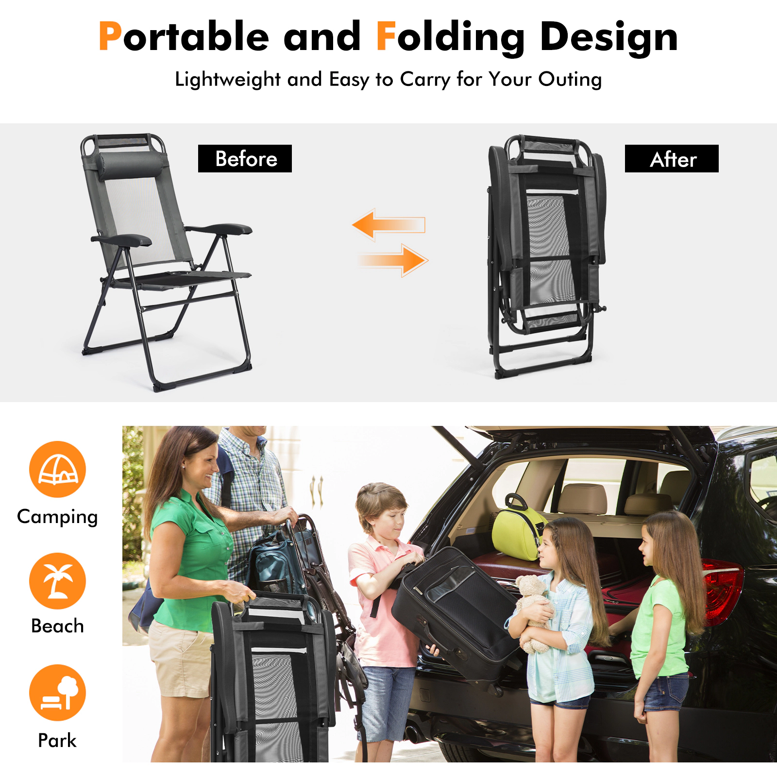 LJG 2 Pieces Patio Adjustable Folding Recliner Chairs with 7 Level Adjustable Backrest