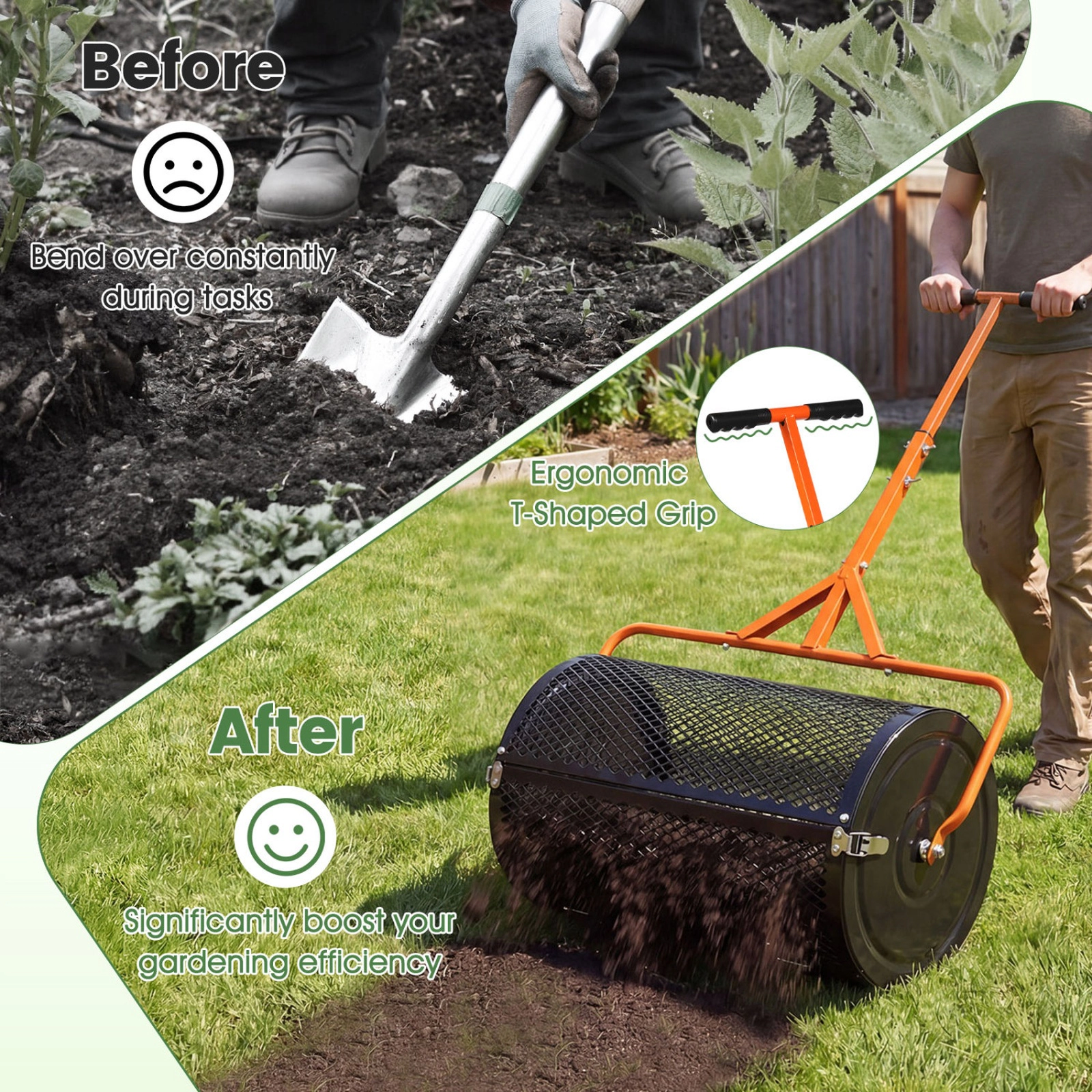 SUGIFT Orange 24-in Compost Spreader Peat Moss Topdressing Roller with 2.7-cu ft Basket and T-Handle