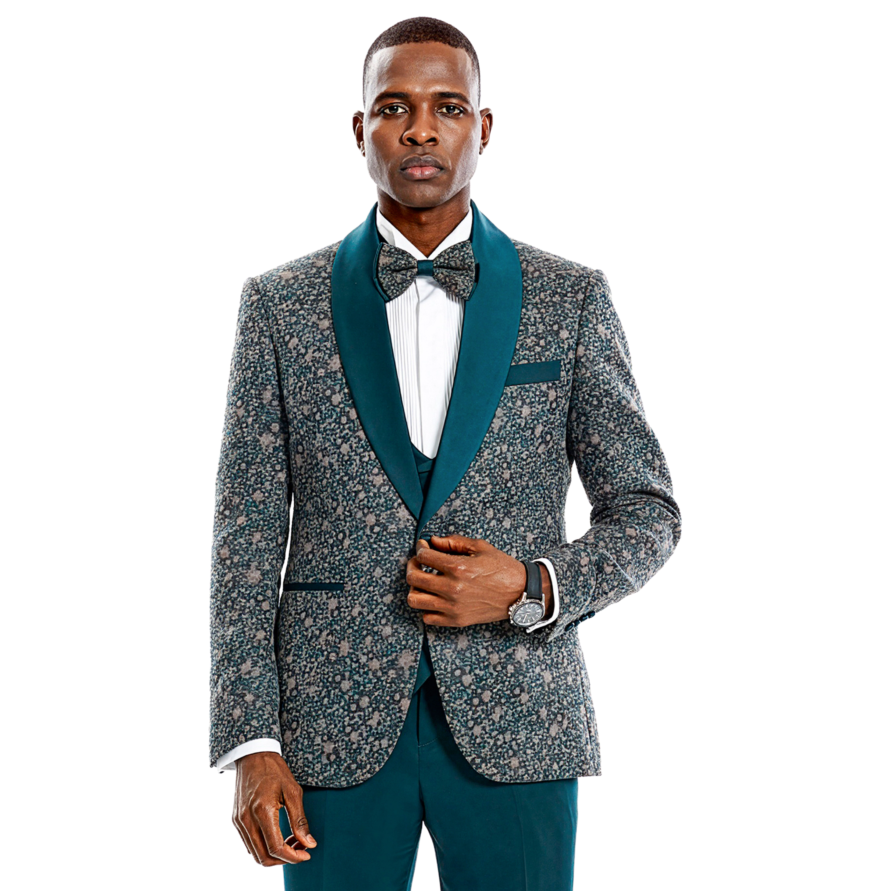 Tazzio Mens Patterned 3 Piece Tuxedo Set With Bowtie