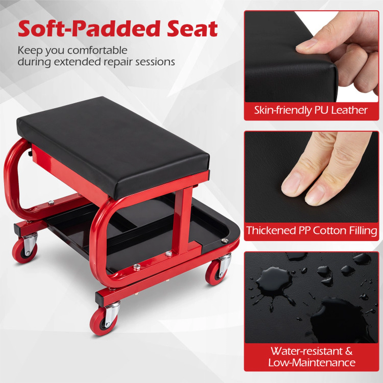 SUGIFT Mechanic Rolling Stool with Tool Trays and Magnetic Drawer 330-lb Capacity 17.5-in Frame with 14 x 9-in Seat Red
