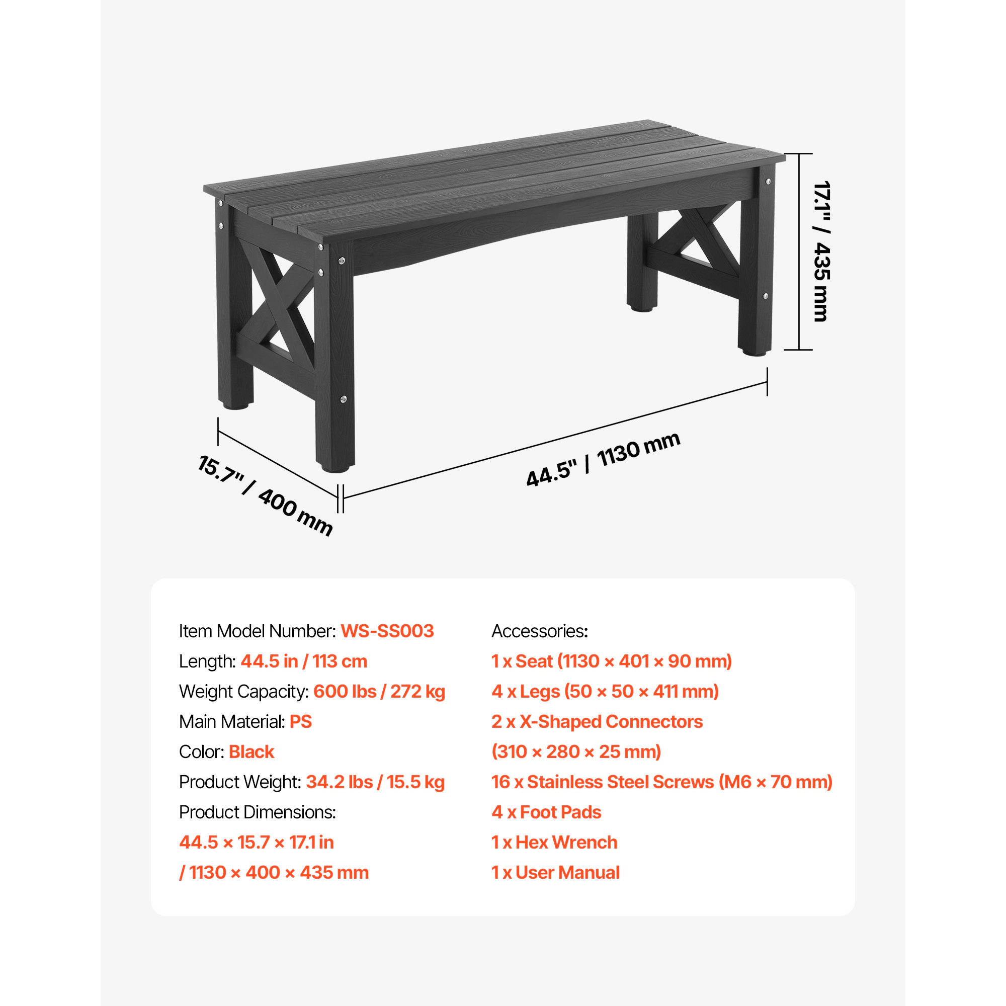 HONGGE Weatherproof Outdoor Bench Frame for Patio, Garden, Park, Yard, or Front Porch