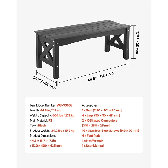 HONGGE Weatherproof Outdoor Bench Frame for Patio, Garden, Park, Yard, or Front Porch