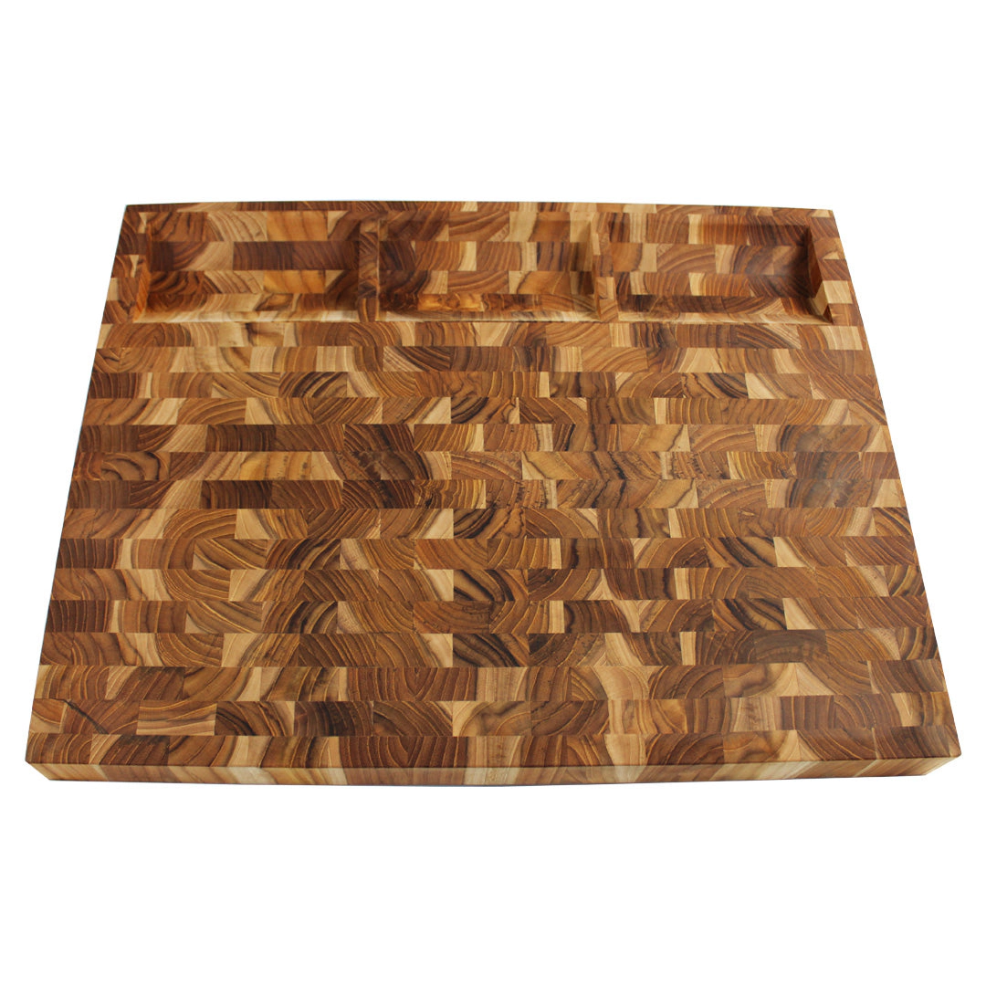 EcoDecors 24" x 18" End Grain Teak Cutting Board with Juice Channel and Carved Handles