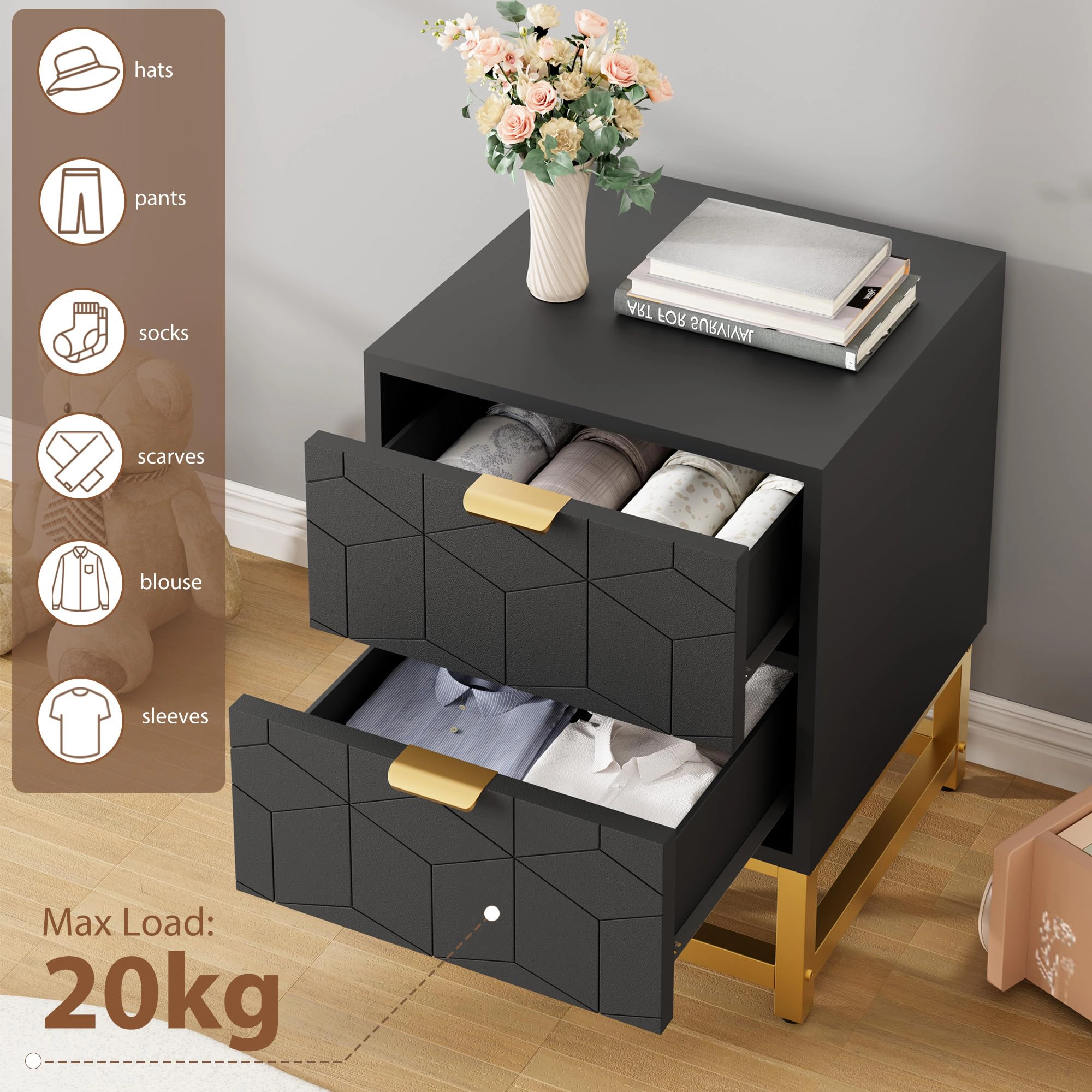 Modern 2 Drawer Nightstand Dresser, Small End Table with Storage for Bedroom Living Room