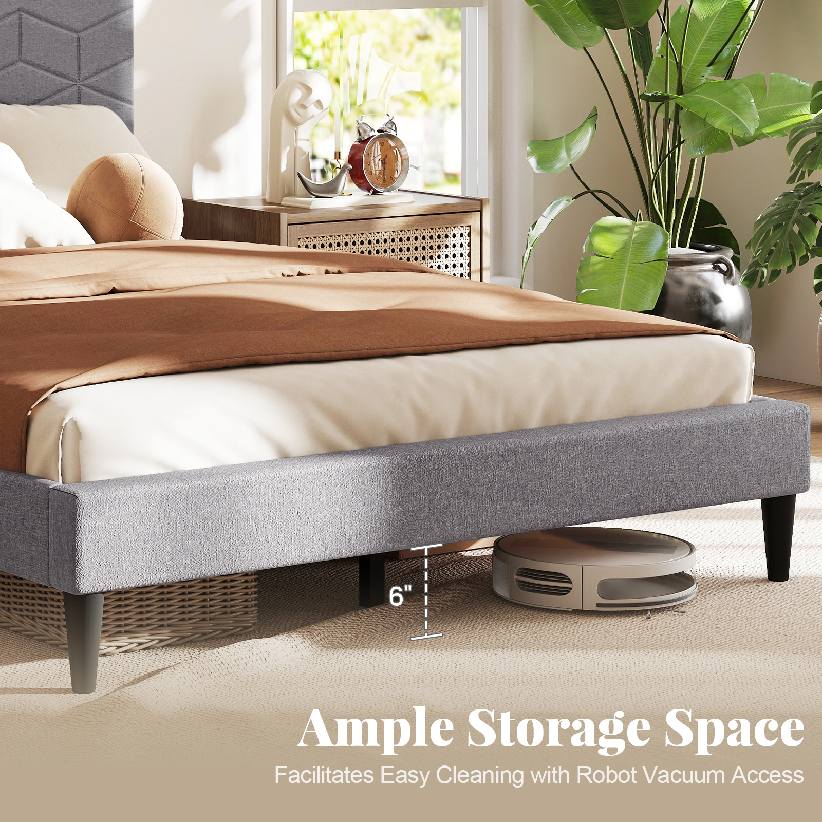 SUGIFT Modern Low-Profile Full Platform Bed Frame with Linen Upholstered Headboard 660-lb Capacity Gray