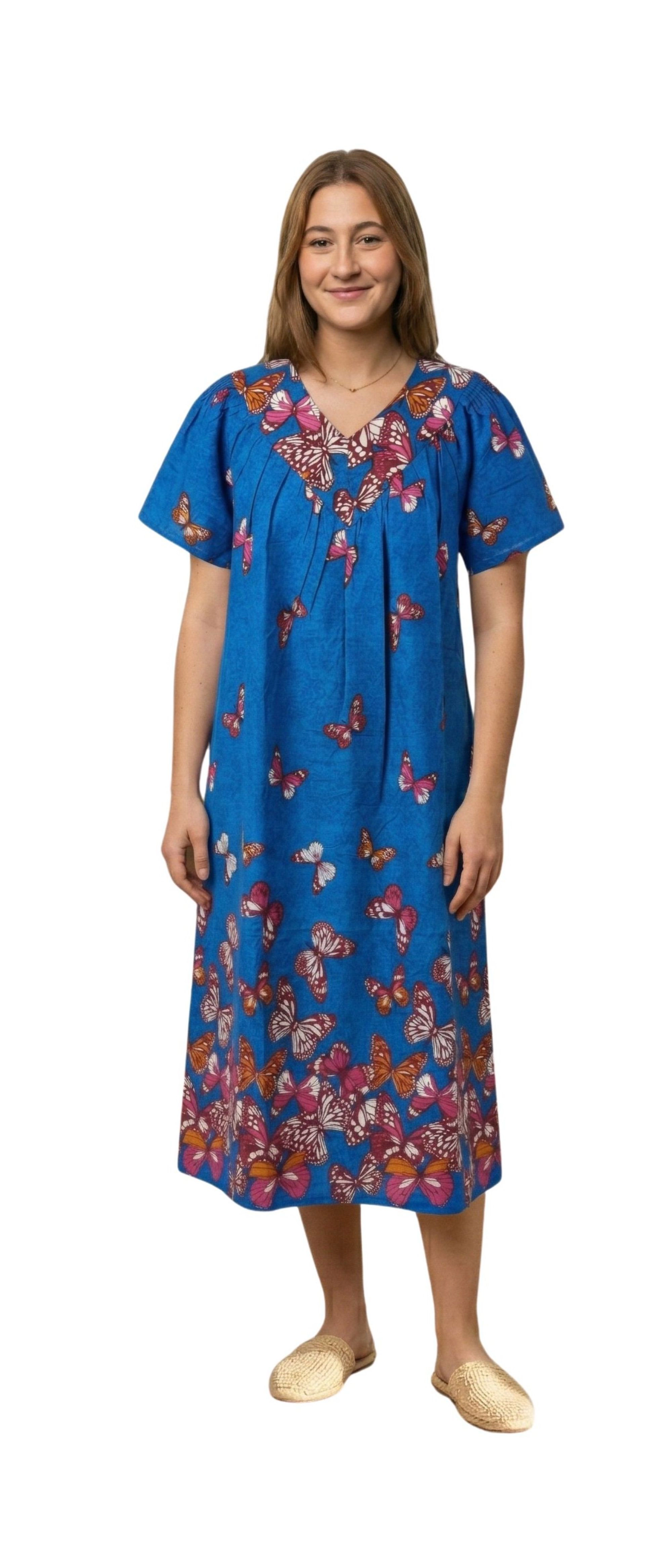 Loungees Border Print Cotton Lounge Dress House Caftan V-Neck Yoke Short Sleeve
