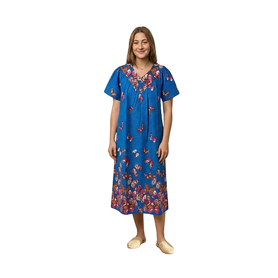 Loungees Border Print Cotton Lounge Dress House Dress Caftan V-Neck Yoke Short Sleeve
