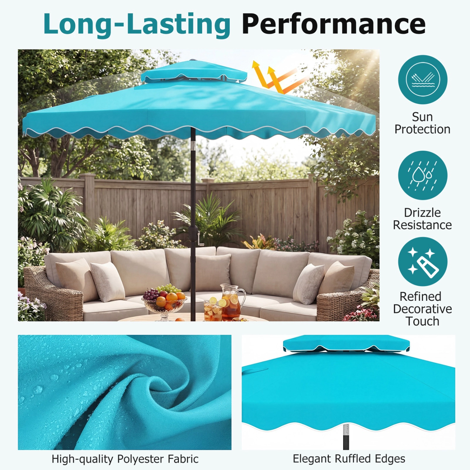SUGIFT 9-ft Turquoise Patio Umbrella with Push Button Tilt Crank Lift 8 Ribs and Vented Double Top for Deck
