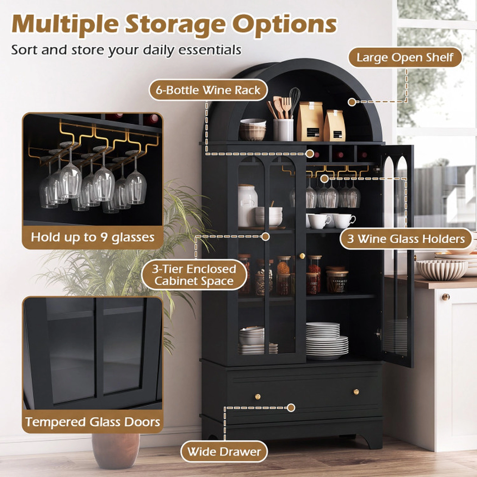 SUGIFT 71.5-in 5-Tier 66-lb Shelf Black Arched Cabinet with Tempered Glass Doors 6-Bottle Wine Rack and Drawer