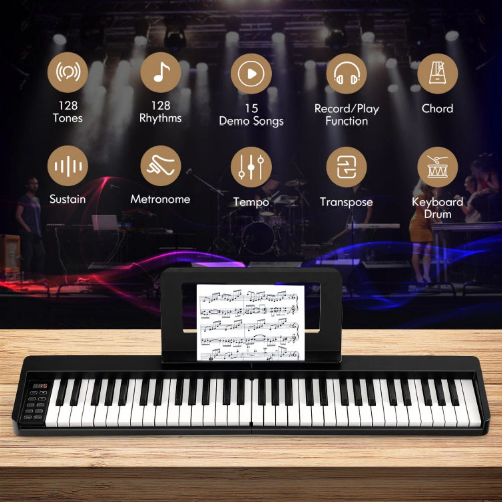 SUGIFT 61-Key Folding Piano Keyboard with Full Size Keys and Music Stand 35.5-in Unfolded 17.5-in Folded Ages 3+ Black