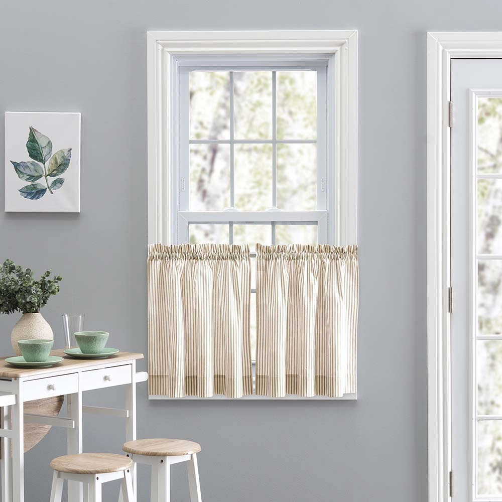 Ellis Curtain Plaza Classic Ticking Stripe Printed 1.5" Rod Pocket Tailored Tiers 56" x 36" Tan