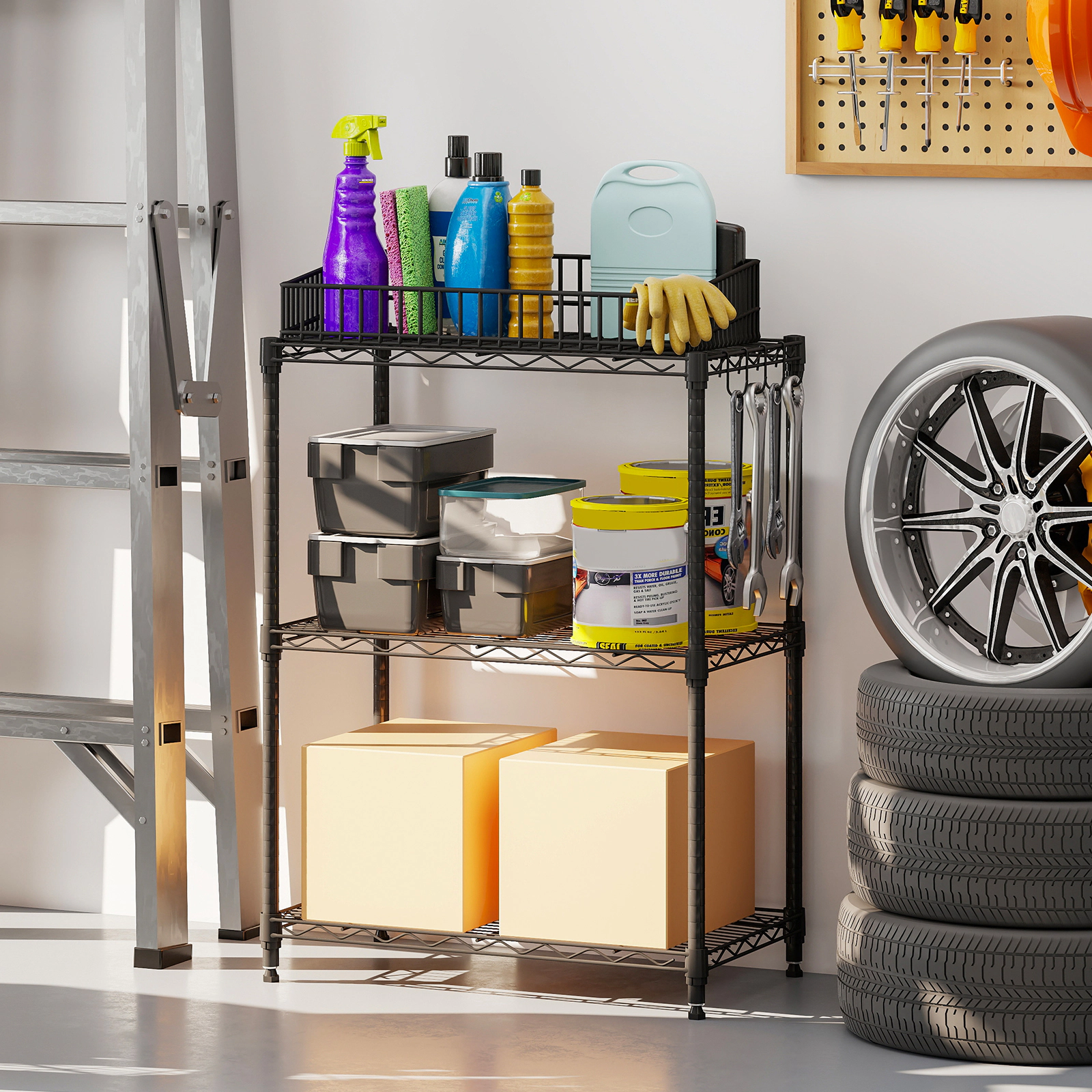 SUGIFT 3-Tier 450-lb Capacity Metal Storage Shelving Unit with V-Shaped Wire Rack and 4 Removable Hooks