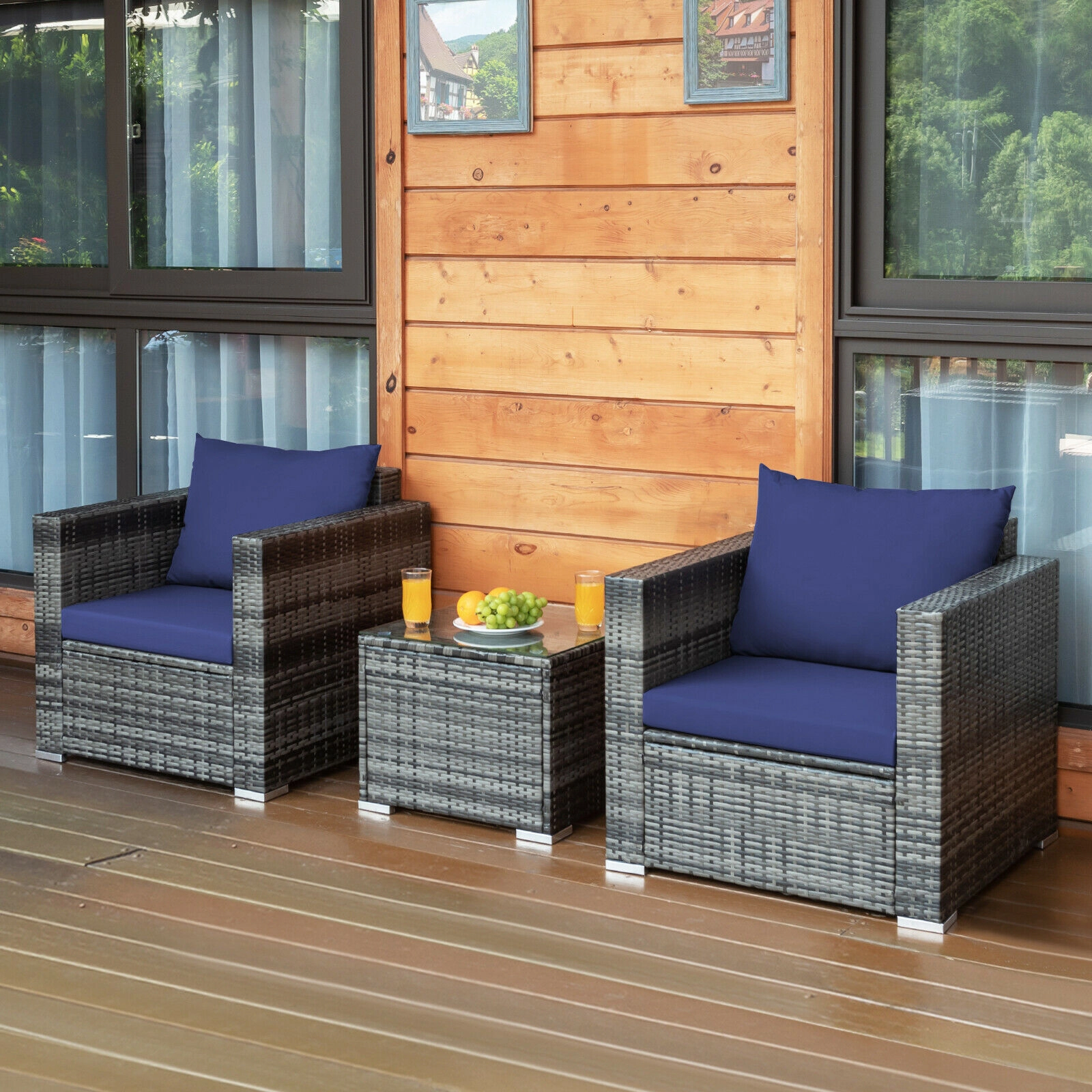 SUGIFT 3-Piece Gray Rattan Patio Sofa Set with 2 Cushioned Chairs and Lift-Out Glass Coffee Table