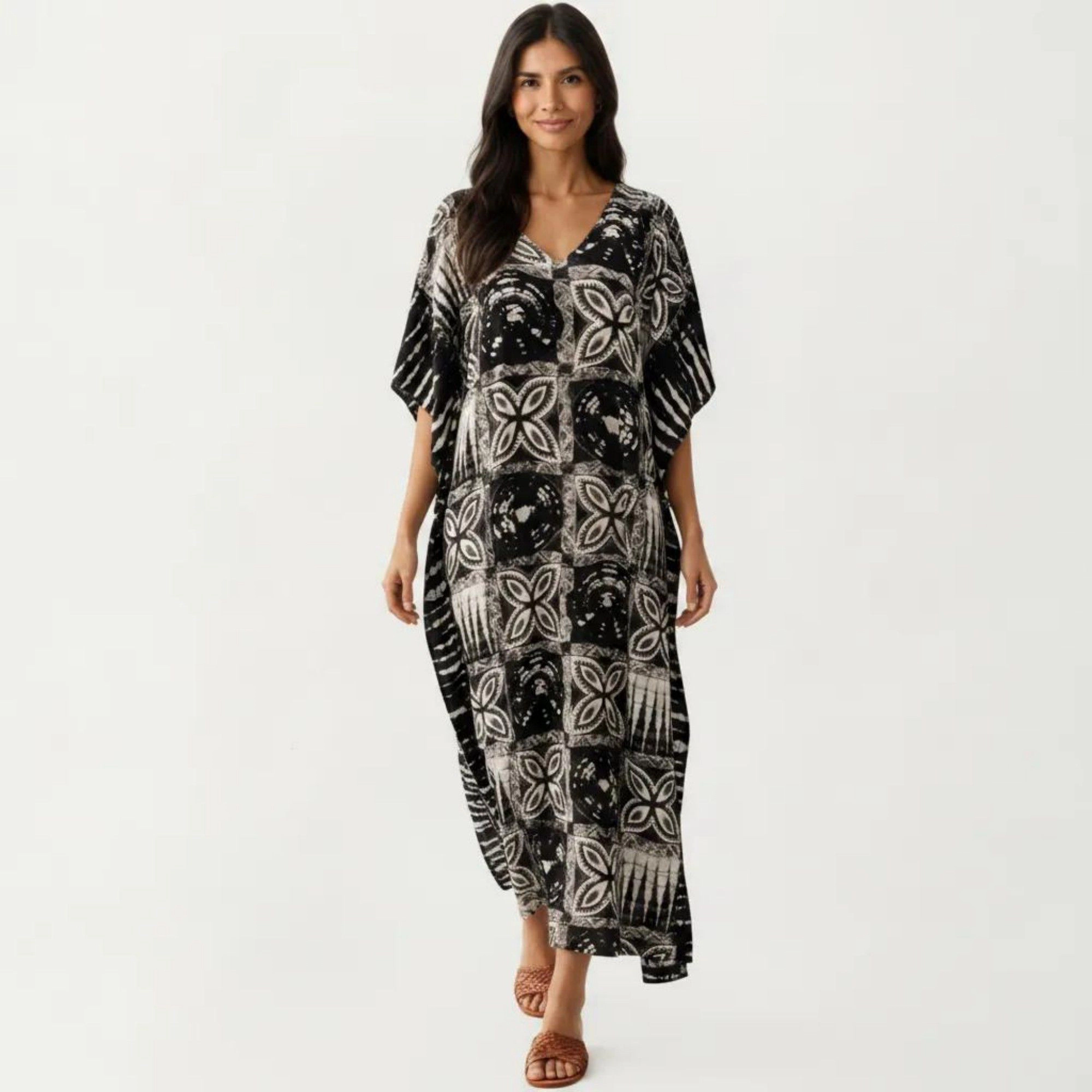 Anna-Kaci Women's Geometric Print Maxi Caftan Dress with V-Neckline Relaxed Fit and Draped Silhouette