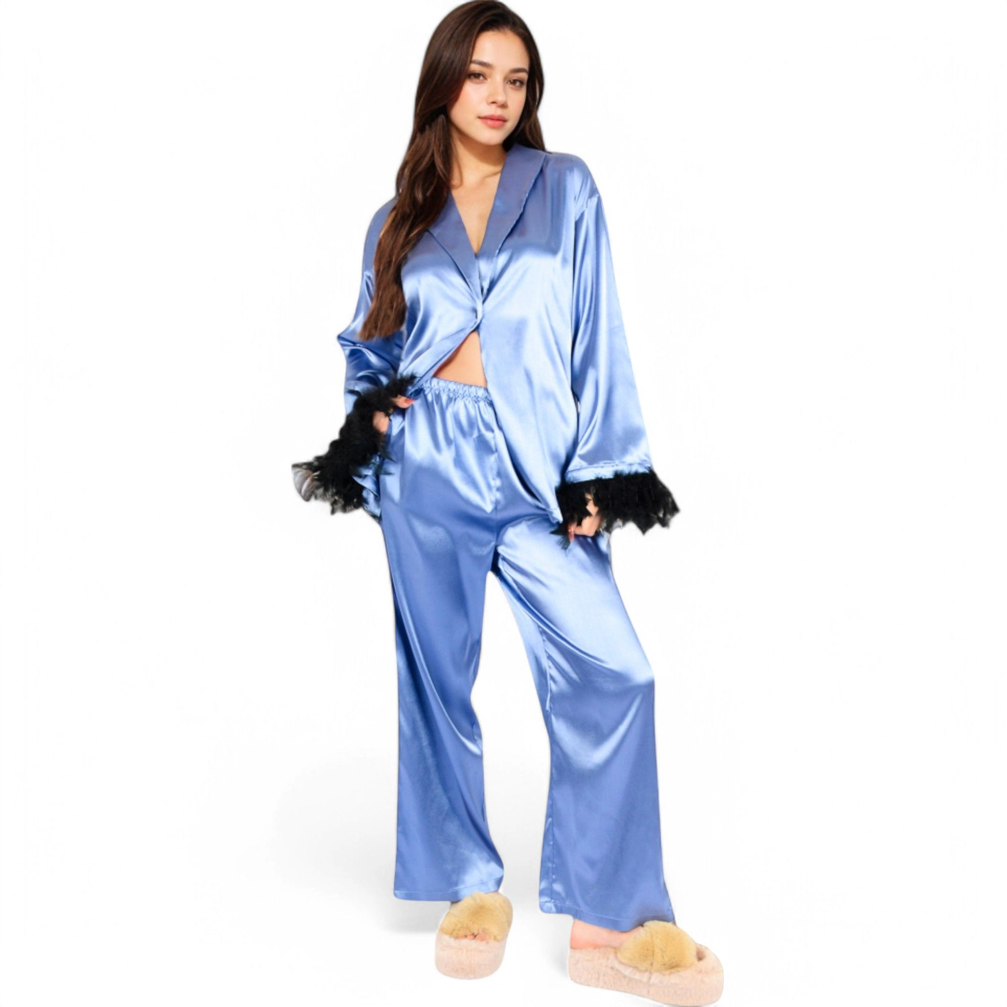 Anna-Kaci Women's Satin Feather Trim Button Up Lounge Set with Wide Leg Pants