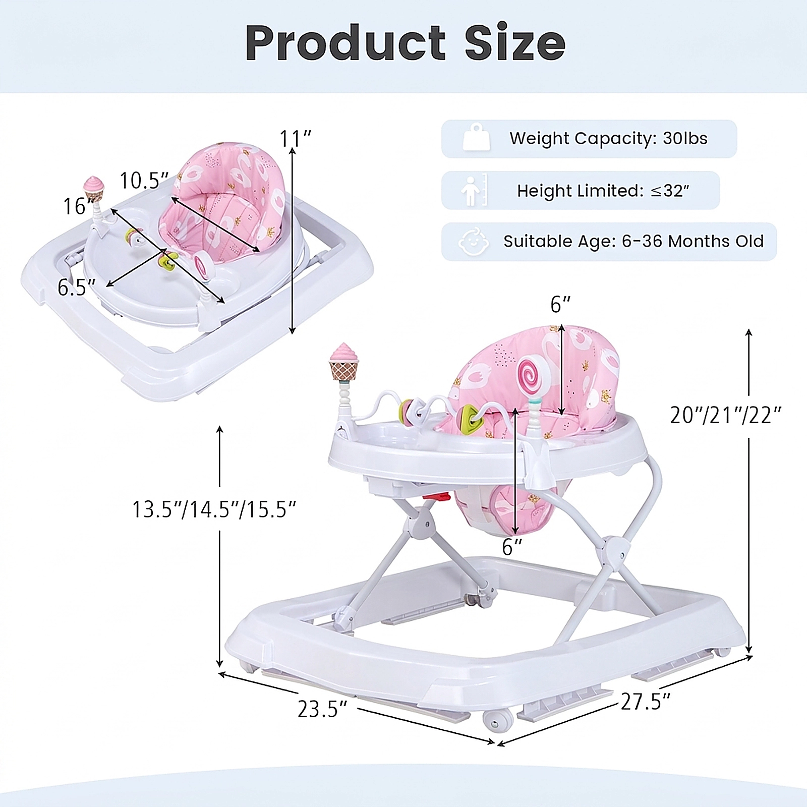 SUGIFT Foldable Baby Activity Walker Pink with Detachable Seat Cushion and Anti-Collision Frame