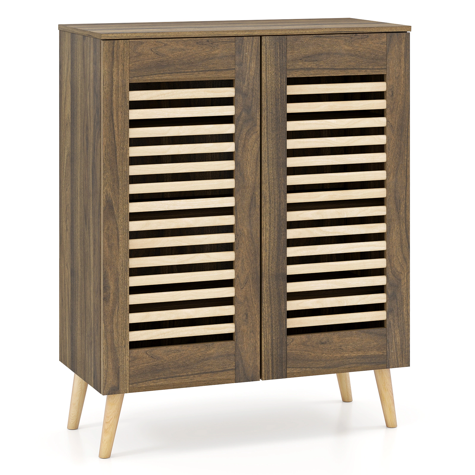SUGIFT Walnut 88-lb Capacity Entryway Shoe Storage Cabinet with Louvered Doors and 3 Removable Shelves