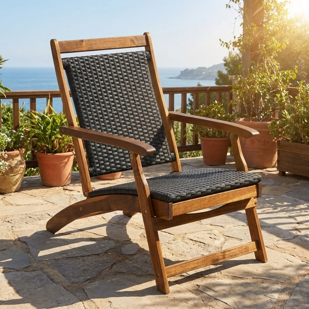 LJG Patio Rattan Folding Lounge Chair with Acacia Wooden Frame Retractable Footrest