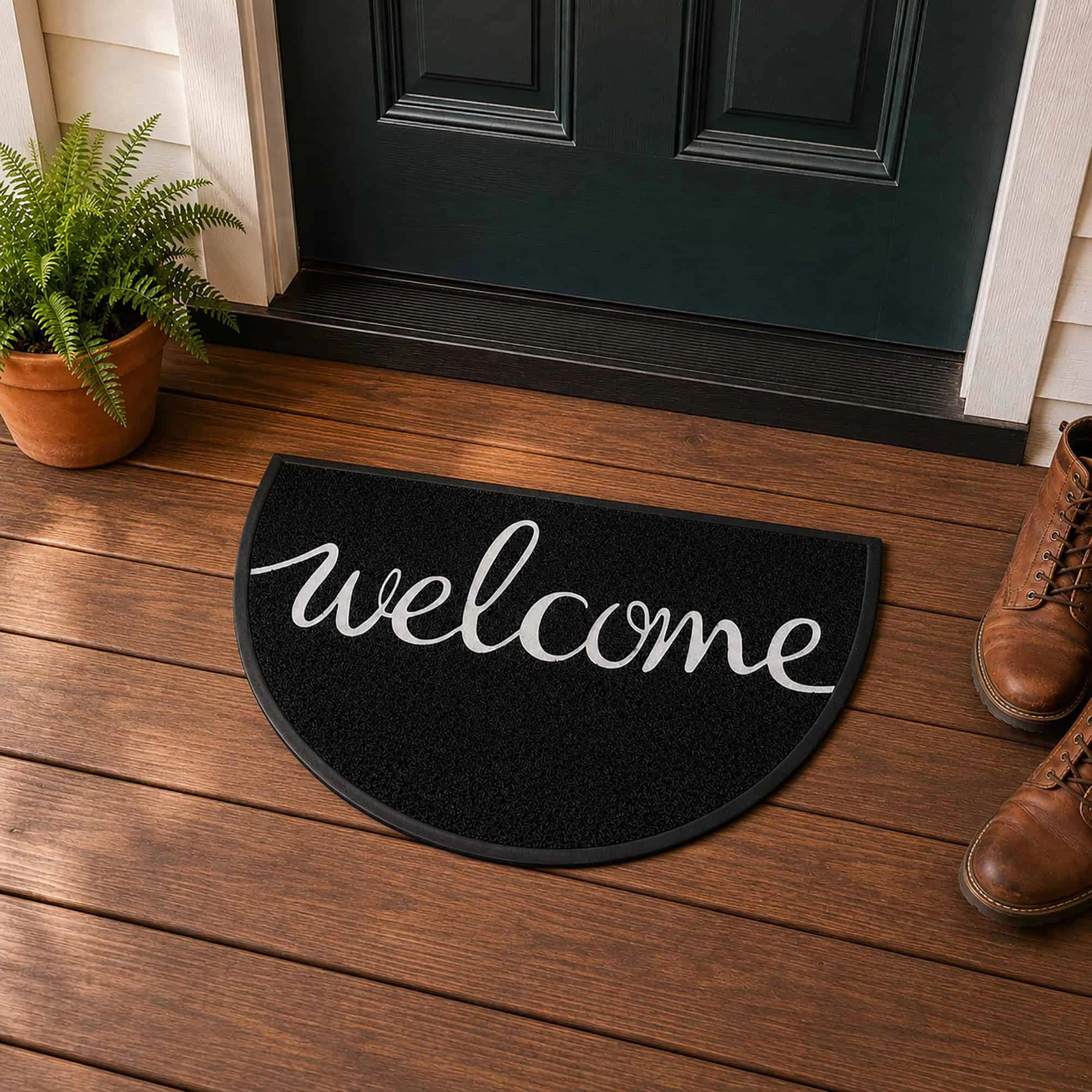 Evideco French Home Goods Black Welcome Script PVC Doormat 30 x 18 Inches