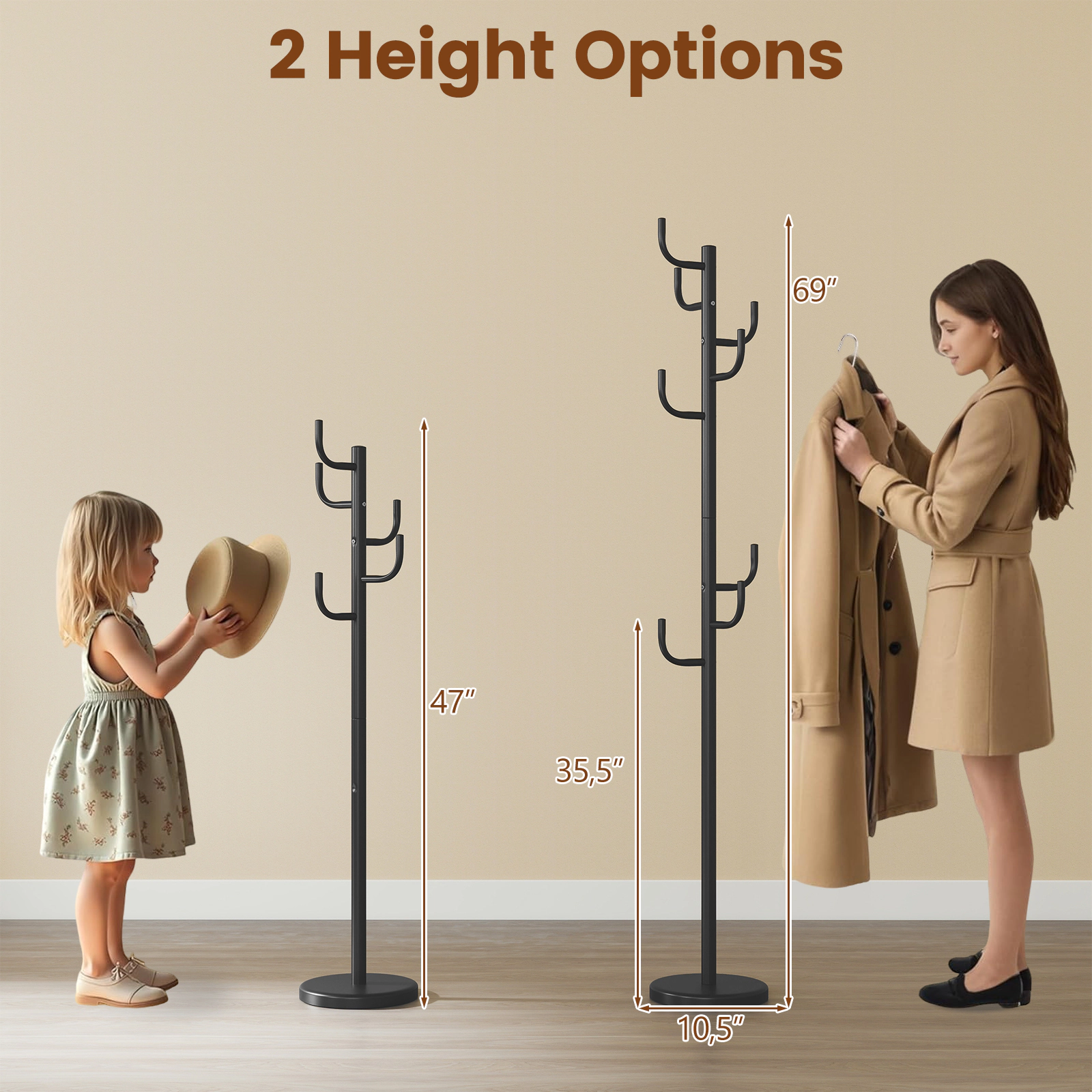 SUGIFT Black 69-in Tall Freestanding Metal Coat Rack Hat Tree with 8 Hooks and Weighted Round Base