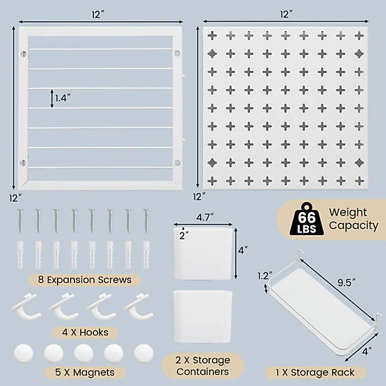 SUGIFT 12-in x 12-in 66-lb Capacity Pegboard Wall Organizer Kit with Magnets Hooks and Storage Containers
