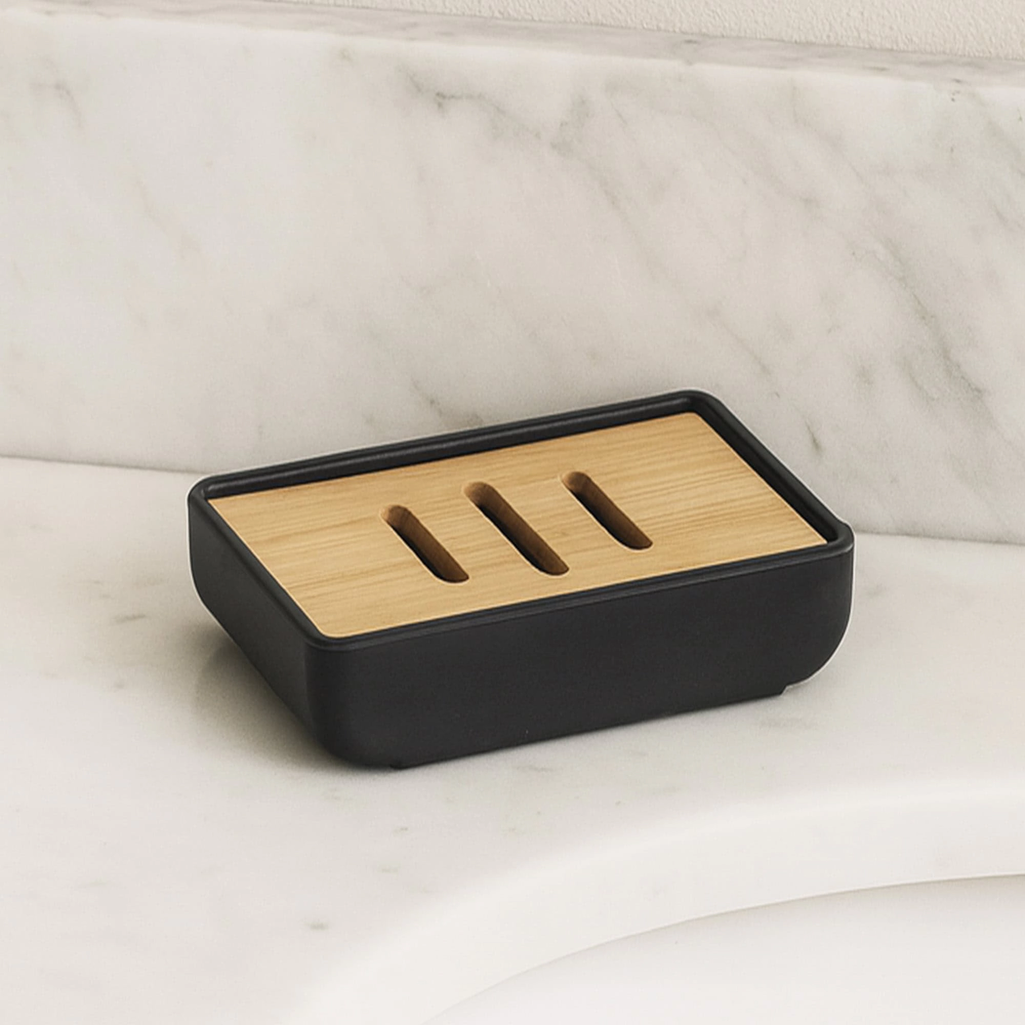 Evideco French Home Goods Urban Two-Piece Soap Dish - Rubber Frame with Removable Acacia Wood Insert