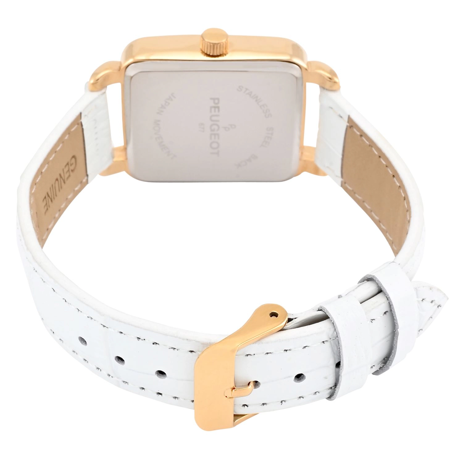 Peugeot Women's 14K Gold Plated Square Dress Watch with European Crystals and White Leather Band