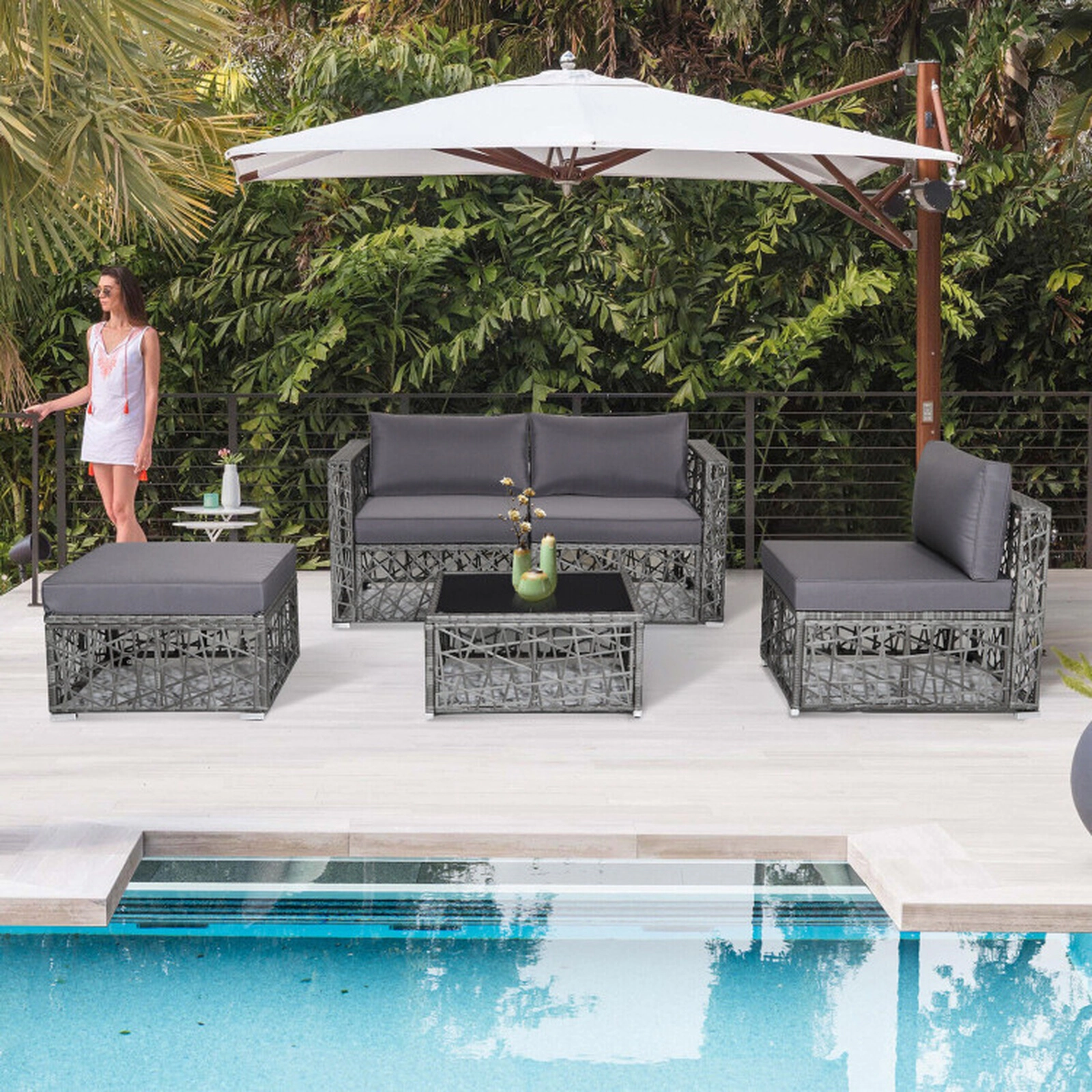 SUGIFT 5-Piece Gray Patio Wicker Sectional Sofa Set with Ottoman and Glass Table 13-in Seat H 350-lb Sofa Capacity