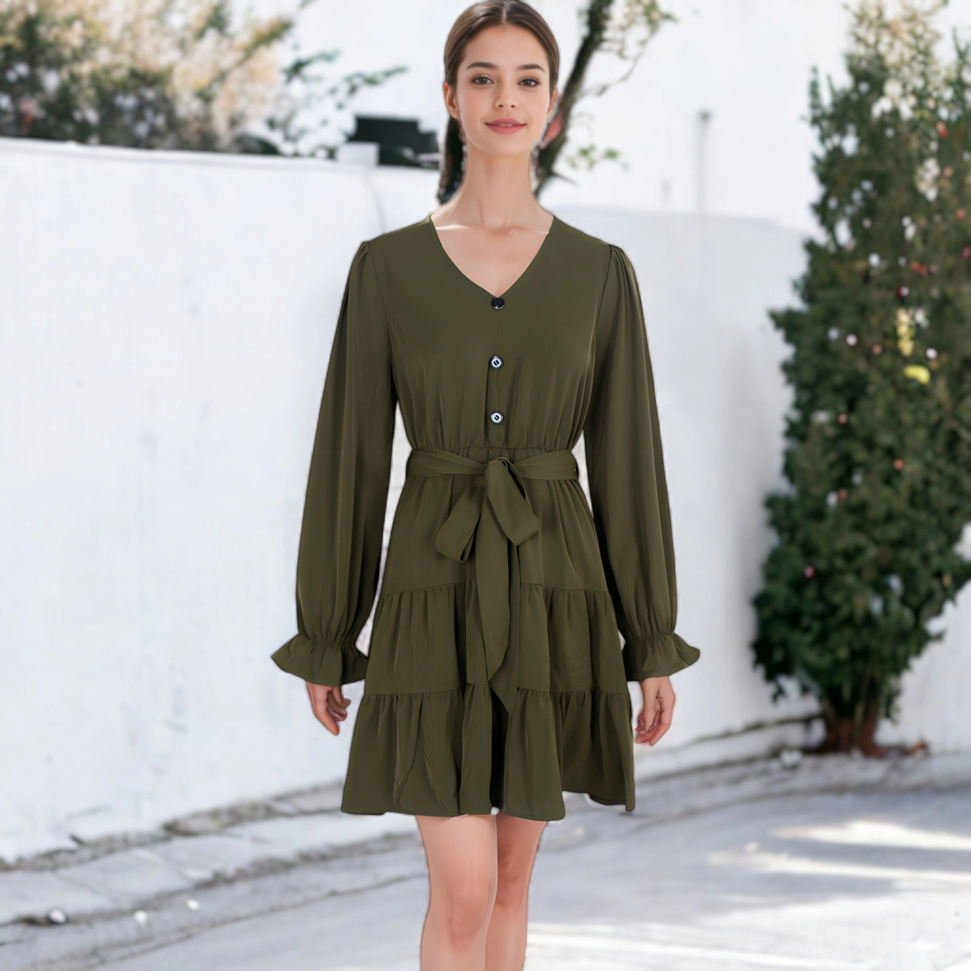 Anna-Kaci Women's Chiffon V-Neck Bell Sleeve Belted Shirt Dress