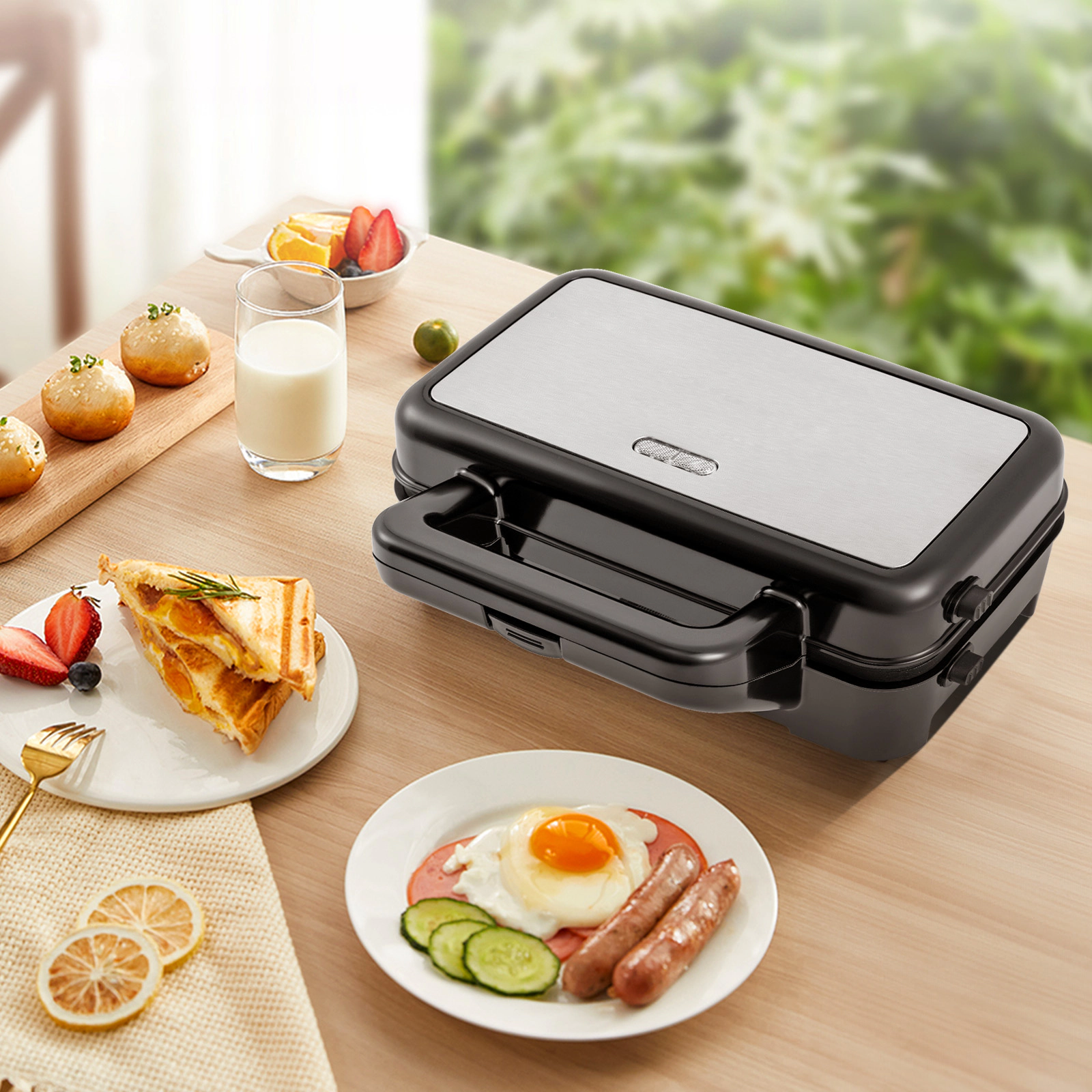 SlikBlue 3-in-1 Sandwich Maker with Waffle and Grill Plates, Adjustable Temperature Control