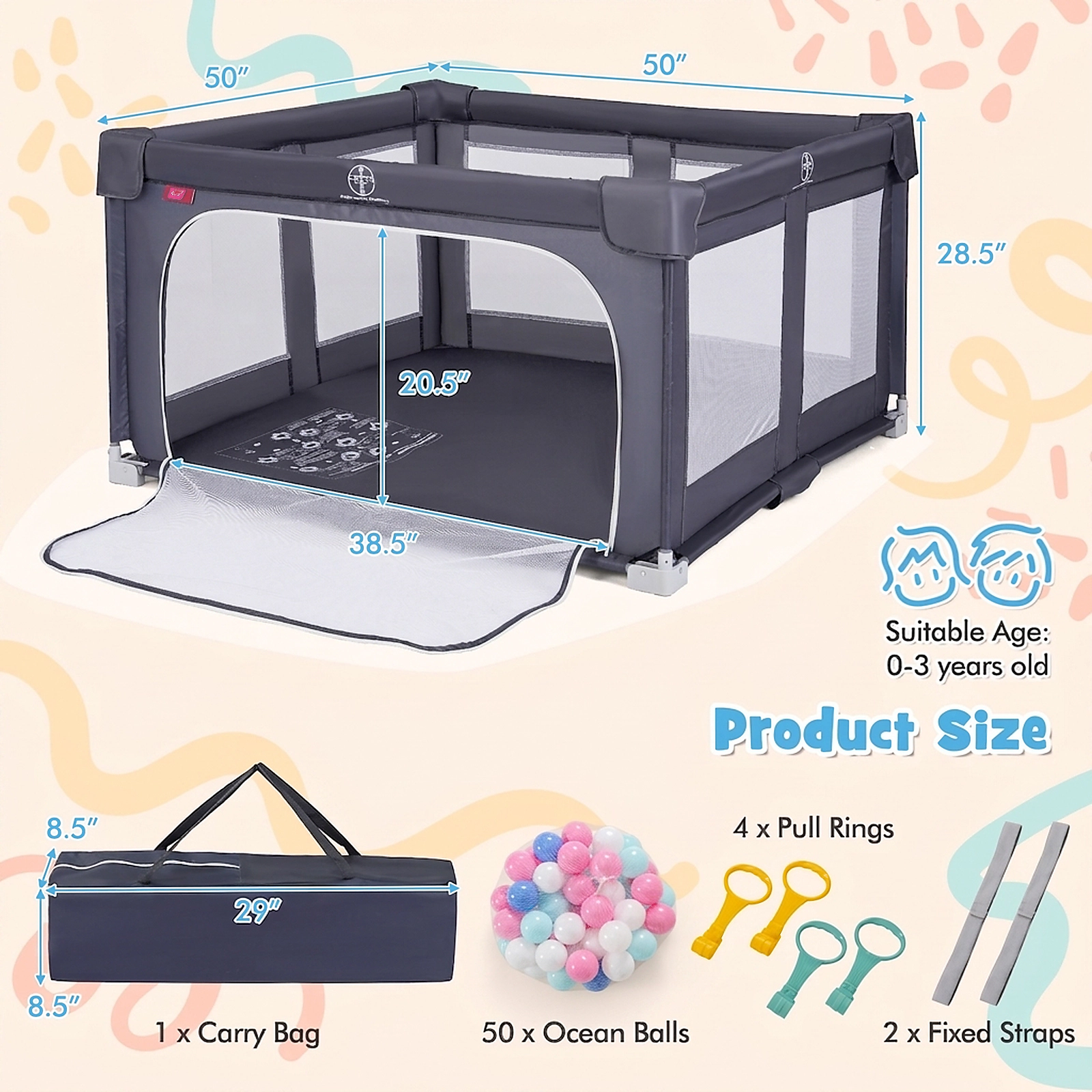 SUGIFT Large Foldable Baby Playpen Safety Fence with Zipper Door Ages 0-3 Years Dark Gray