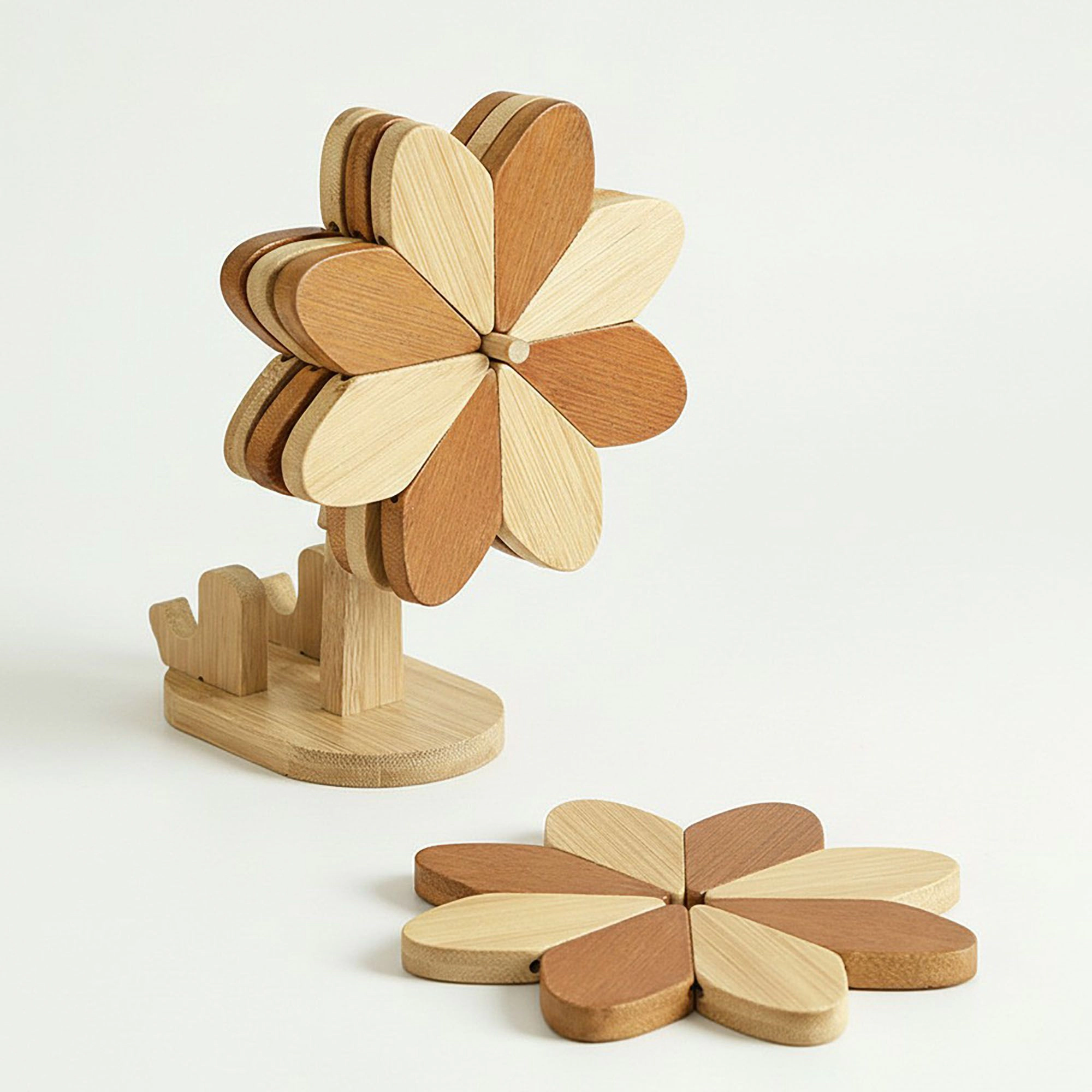 Alilang Unisex Wooden Flower Folding Coaster Set with Holder Stand