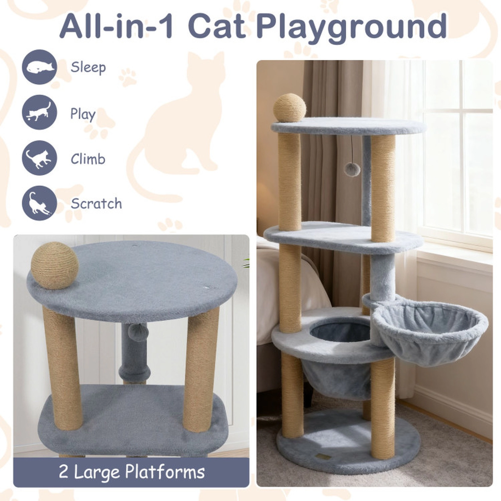 SUGIFT Gray 47 in Tall Cat Tower with Cat Nest Basket and Jute Scratching Posts