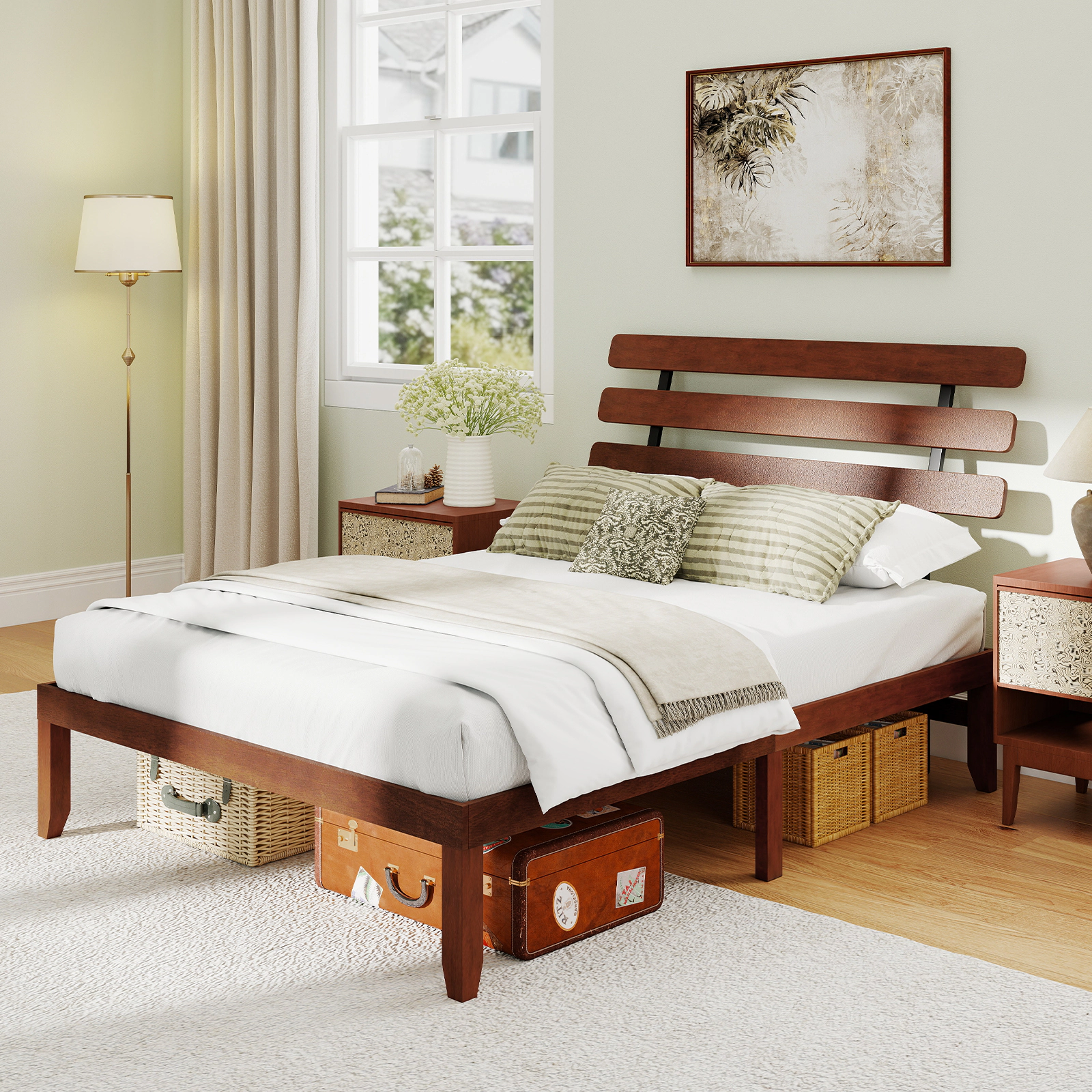 SUGIFT Queen Solid Wood Platform Bed Frame with Retro High Headboard 800-lb Capacity Walnut