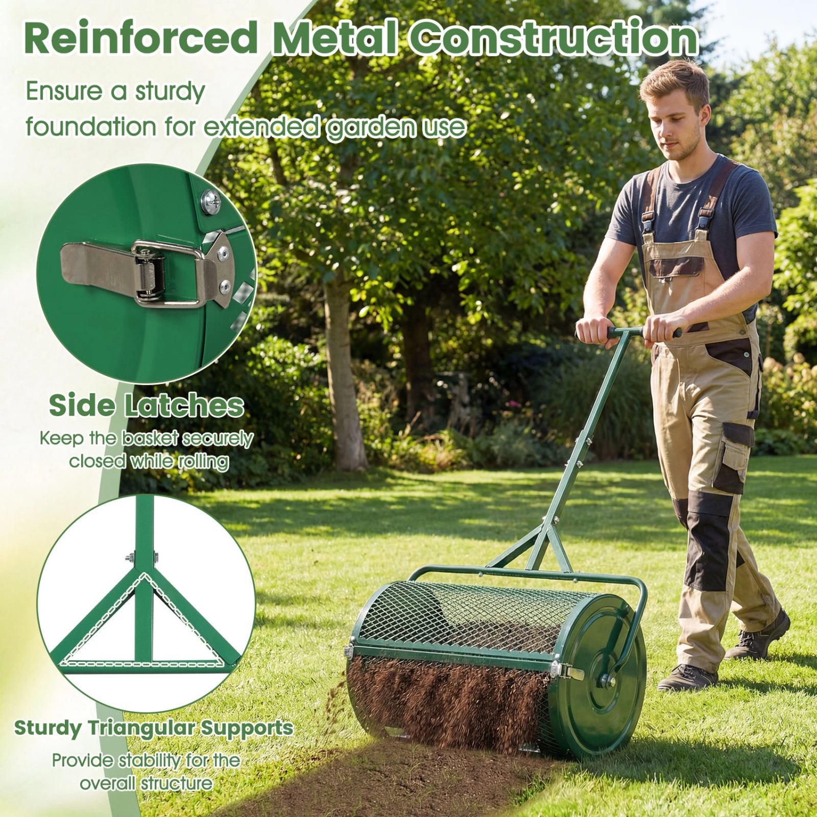 SUGIFT 24 in Compost Spreader Green Peat Moss Roller with Height Adjustable T-Handle