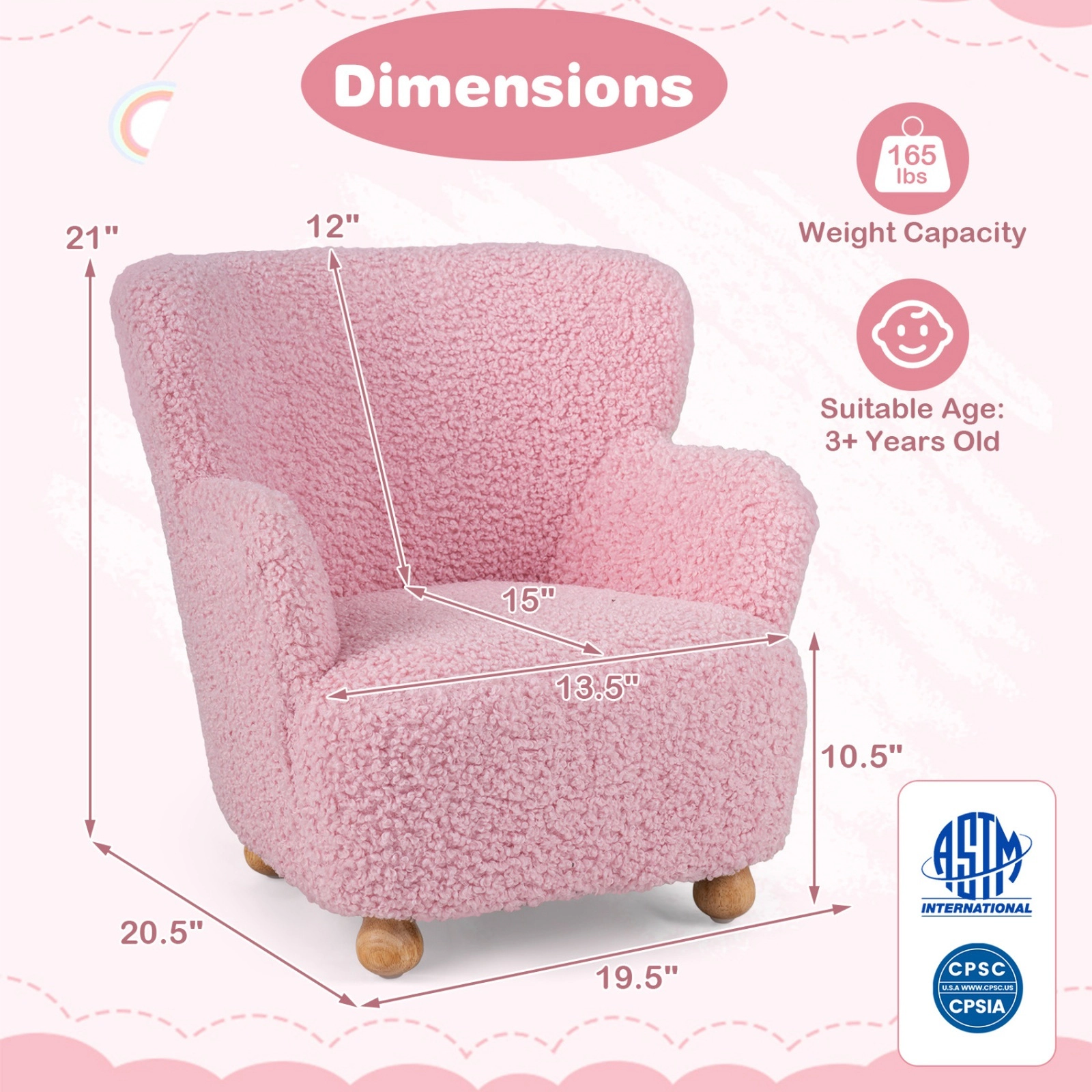 SUGIFT Kids’ Light Pink Sherpa Reading Chair with Rubber Wood Legs
